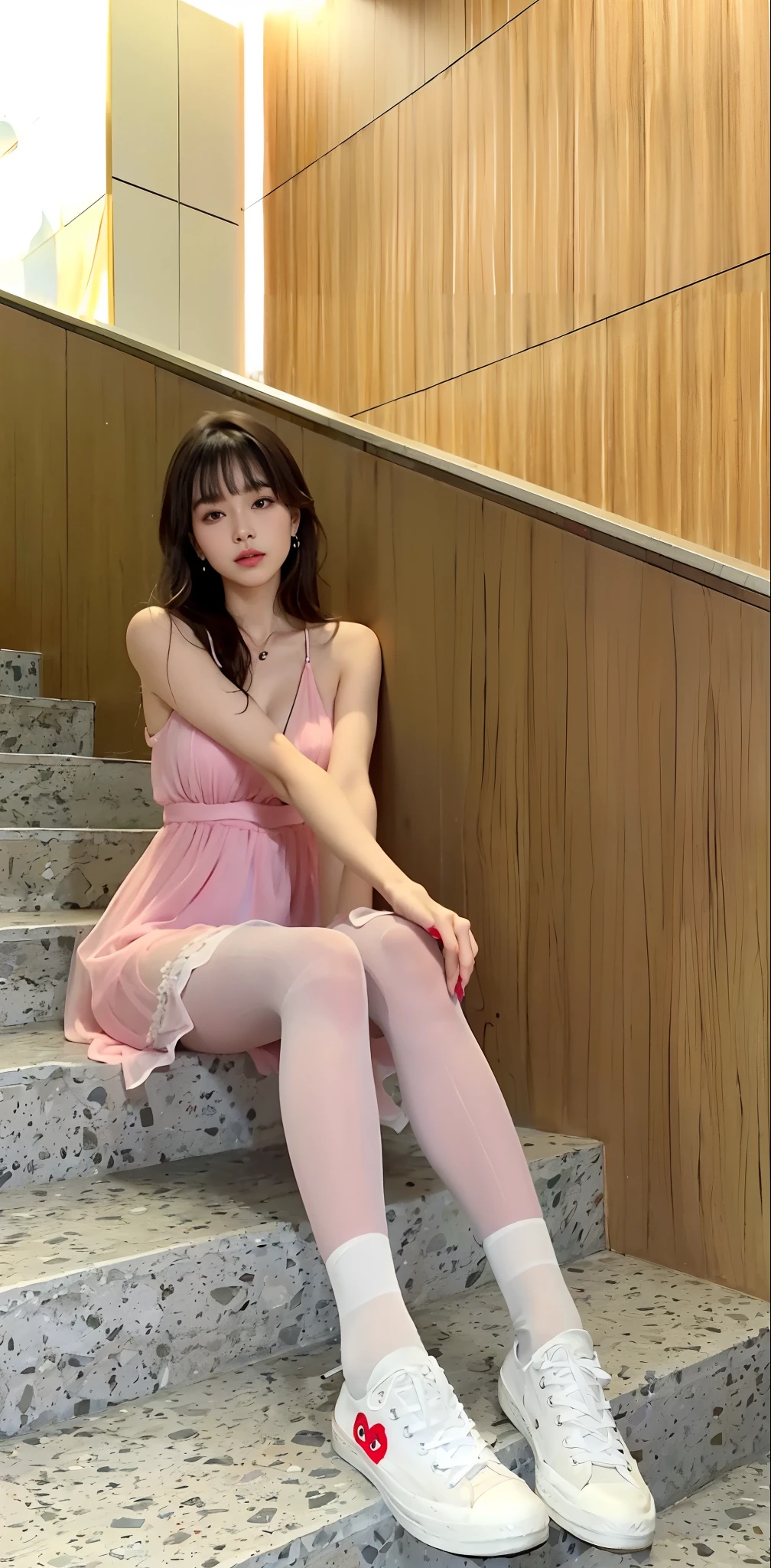 Alafi sat on the stairs,There is a red heart on the shoe, translucent silky dress, Silk dress, soft silk dress, Wearing a pink dress, Pink dress, beautiful silky dress, Sexy dress, Pink clothes, wearing a pink dress, photo of slim girl, Translucent dress, iridescent shiny sheer lingerie, Pink girl, photo of slim girl model,AS-Adult,Craving sexual,medium wind_herself,(best qualtiy,A high resolution,tmasterpiece:1.4),A tall and beautiful woman,nedium breasts,wearing flesh-colored pantyhose,Flesh-colored pantyhose,Wear clear flesh-colored pantyhose,Wear transparent pantyhose