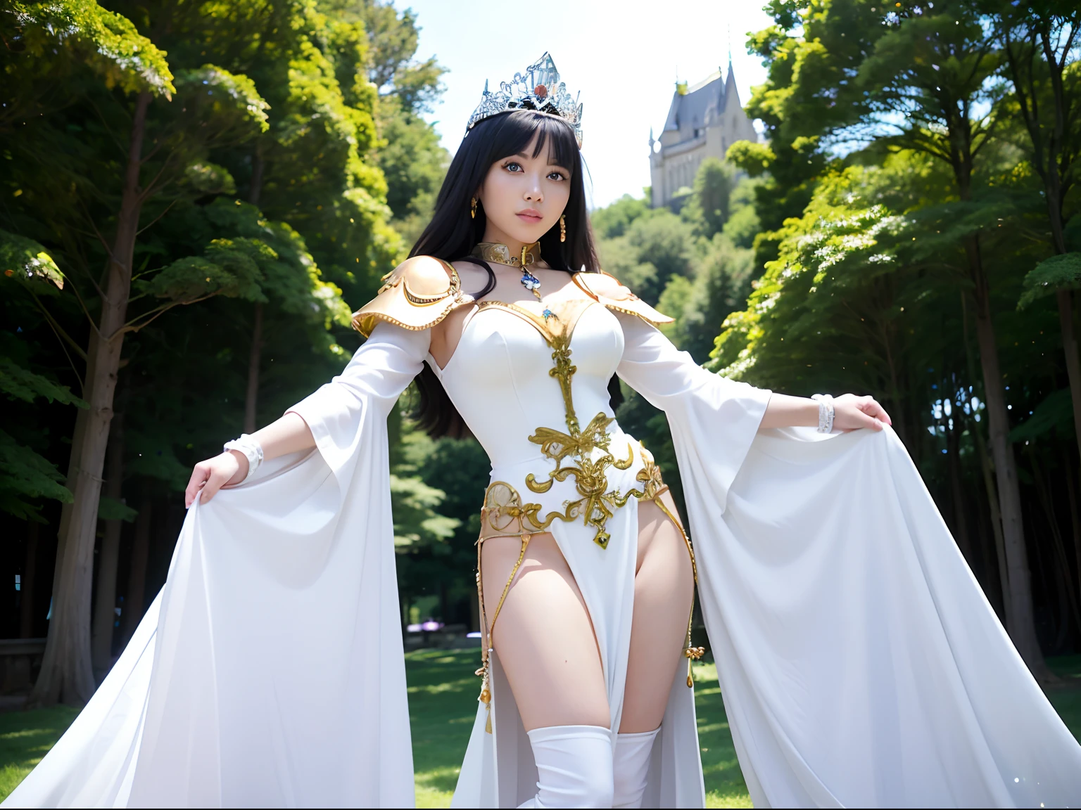 Alafid woman wearing white cloak posing for photo, japanese goddess, dress like a priest, tall thin beautiful goddess, Movie goddess full body photo, Elegant and charming cosplay, Gorgeous role play, beautiful fantasy queen, beautiful goddess, Wearing a beautiful white bikini, big breasts，Metal style，high cut underwear，long legs，put on boots， mesmerizing and seductive, Very detailed shot of the goddess