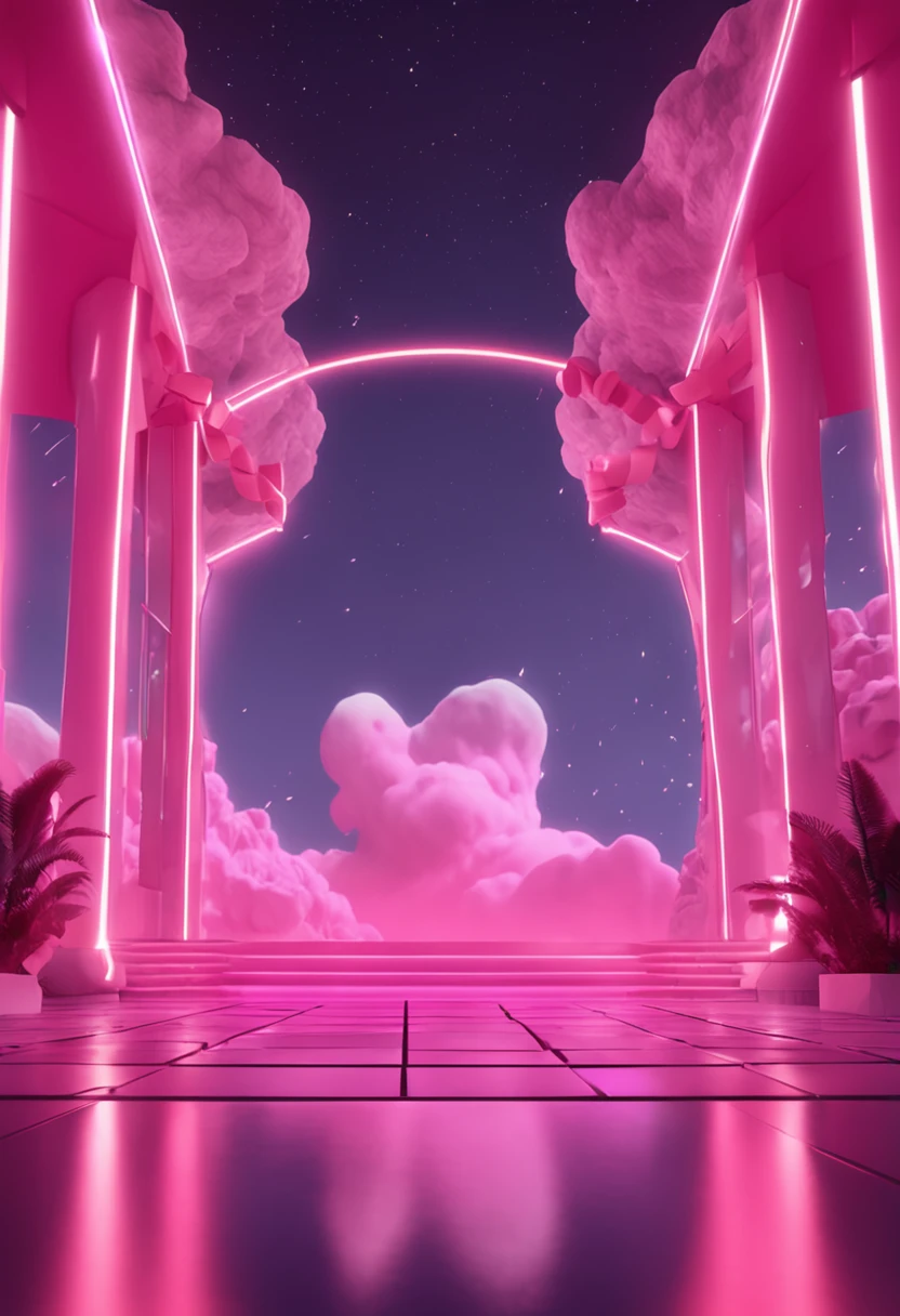 stage，Seaside stage，Stage design，Clouds and fog behind the stage，afofuturism，Light through the clouds，Fantasy scenes，3d animated futuristic fantasy scene，in pink，White and light pink，Animation style，gradient sky，Bright lights，Focus on composition，closeup cleavage，Low Angle Lens，Presented in Cinema4D style。3D modeling，Original rendering，Exaggerated behavior in perspective。Surreal and detailed rendering style，super detailing