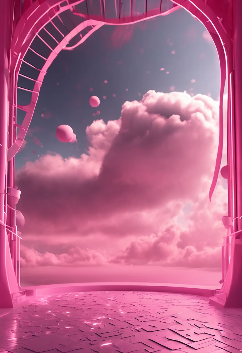 stage,Seaside stage,Stage design,Clouds and fog behind the stage,afofuturism,Light through the clouds,Fantasy scenes,3d animated futuristic fantasy scene,in pink,White and light pink,Animation style,gradient sky,Bright lights,Focus on composition,closeup cleavage,Low Angle Lens,Presented in Cinema4D style。3D modeling,Original rendering,Exaggerated behavior in perspective。Surreal and detailed rendering style,super detailing