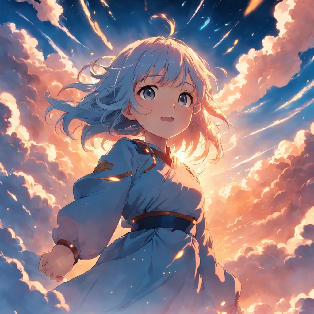 masterpiece, best quality, movie still, 1girl, cloud girl, floating in the sky, close-up, bright, happy, warm soft lighting, sunset, (sparks:0.7)