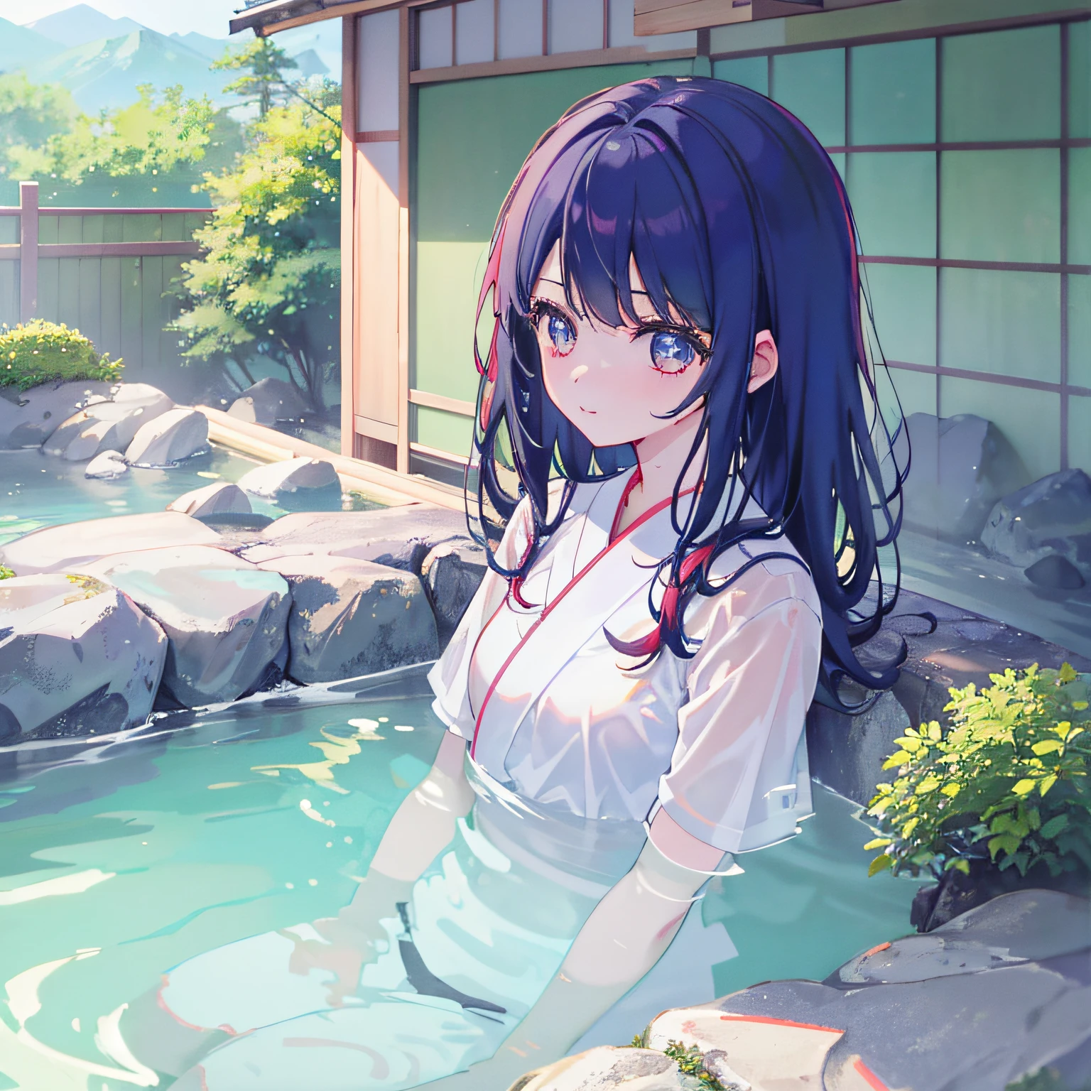 highr, Best quality at best, 1 girl solo, Kamisato_Ayaka, sitted, from the above, looking at viewert, Light smile, wading, Wet hair, natta, pool-side, Japan Onsen Kyosaku, Best quality at best, the wallpaper
