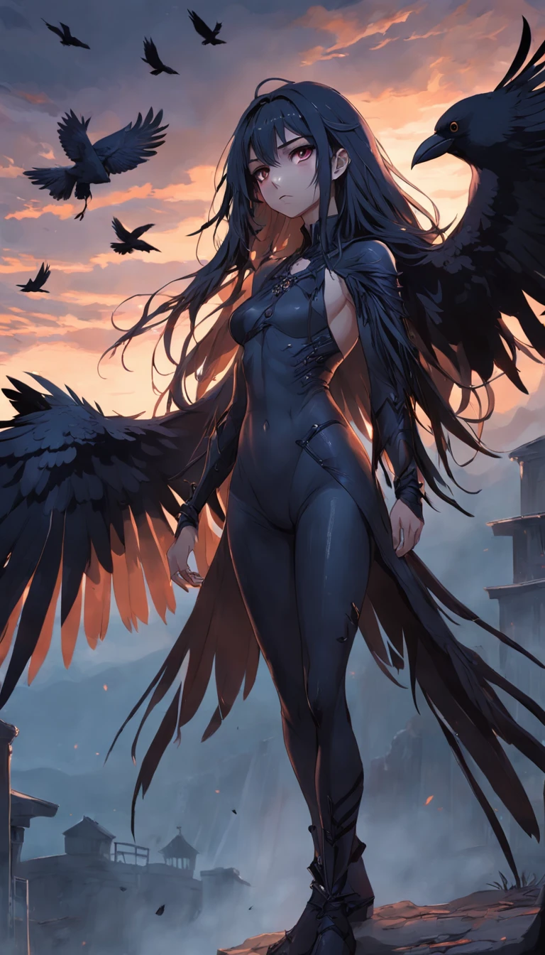 masterpiece, best quality, movie still, 1girl, monstergirl, crow woman, full body, portrait, detailed (eyes), long (hair), perfect body, proportional body, crow|raven wings, deep look, wearing ((pants:1.5)), close-up, cold soft lighting, sunset, (aura:0.7)