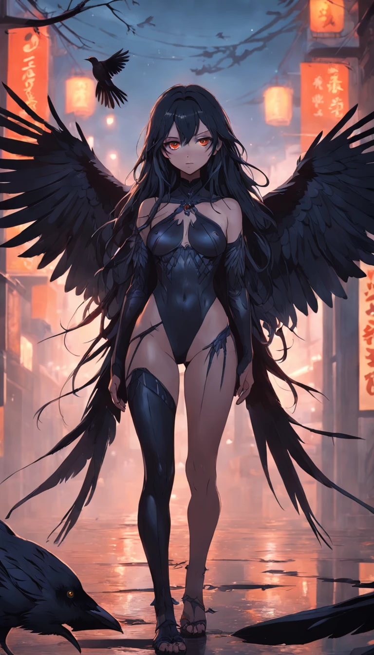 masterpiece, best quality, movie still, 1girl, monstergirl, crow woman, full body, portrait, detailed (eyes), long (hair), perfect body, proportional body, crow|raven wings, deep look, wearing ((pants:1.5)), close-up, cold soft lighting, sunset, (aura:0.7)