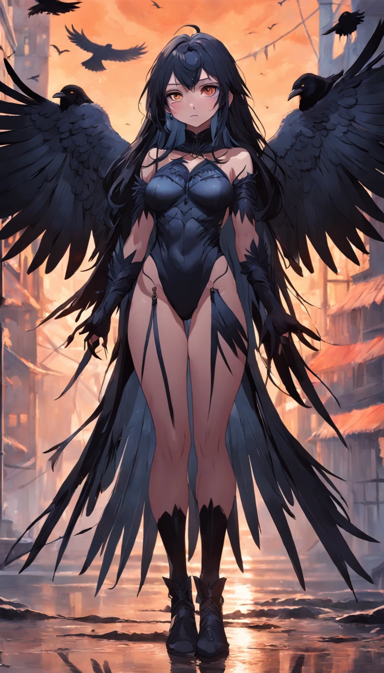 masterpiece, best quality, movie still, 1girl, monstergirl, crow woman, full body, portrait, detailed (eyes), long (hair), perfect body, proportional body, crow|raven wings, deep look, wearing ((pants:1.5)), close-up, cold soft lighting, sunset, (aura:0.7)