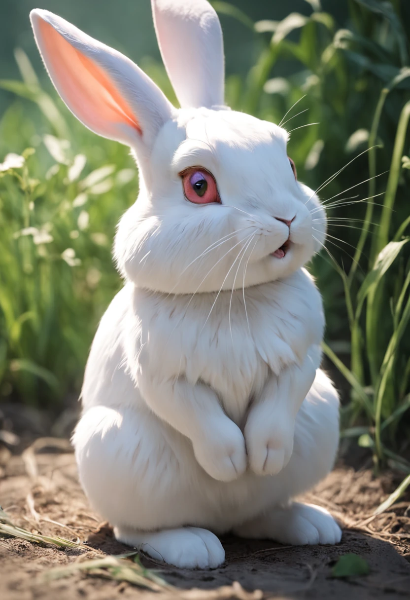 "Generate an ultra-high definition image of an adorable rabbit striking a cute rabbit pose. Utilize advanced macro photography techniques to capture the fine details of the rabbit's fur and features.

Employ a wide aperture to achieve a shallow depth of field, focusing sharply on the rabbit's eyes and facial expression while allowing the background to gently blur into a soft, non-distracting backdrop.

Position the camera at the rabbit's eye level, creating an engaging and intimate perspective that invites viewers to connect with the subject. Utilize diffused lighting to enhance the rabbit's textures, highlighting the softness of its fur.

Capture the rabbit in a playful pose that showcases its personality, whether it's sitting up on its hind legs or engaged in a whimsical activity. Utilize a fast shutter speed to freeze any subtle movements, such as the twitch of its nose or the flick of its ears.

Experiment with the rule of thirds to frame the rabbit within the composition, allowing for an aesthetically pleasing arrangement that draws attention to the subject. Enhance the image's color palette to bring out the natural hues of the rabbit's fur and environment.

Implement post-processing techniques to refine the image's contrast, sharpness, and color balance, ensuring that every detail, from the rabbit's whiskers to its endearing expression, is rendered with breathtaking clarity.

Ultimately, capture a heartwarming moment that celebrates the innocence and charm of the rabbit, inviting viewers to share in its delightful presence."