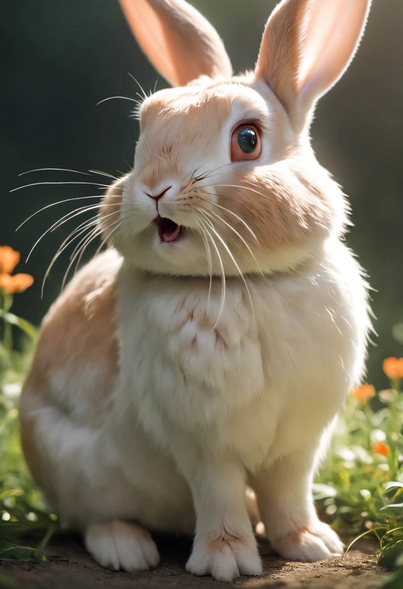 "Generate an ultra-high definition image of an adorable rabbit striking a cute rabbit pose. Utilize advanced macro photography techniques to capture the fine details of the rabbit's fur and features.

Employ a wide aperture to achieve a shallow depth of field, focusing sharply on the rabbit's eyes and facial expression while allowing the background to gently blur into a soft, non-distracting backdrop.

Position the camera at the rabbit's eye level, creating an engaging and intimate perspective that invites viewers to connect with the subject. Utilize diffused lighting to enhance the rabbit's textures, highlighting the softness of its fur.

Capture the rabbit in a playful pose that showcases its personality, whether it's sitting up on its hind legs or engaged in a whimsical activity. Utilize a fast shutter speed to freeze any subtle movements, such as the twitch of its nose or the flick of its ears.

Experiment with the rule of thirds to frame the rabbit within the composition, allowing for an aesthetically pleasing arrangement that draws attention to the subject. Enhance the image's color palette to bring out the natural hues of the rabbit's fur and environment.

Implement post-processing techniques to refine the image's contrast, sharpness, and color balance, ensuring that every detail, from the rabbit's whiskers to its endearing expression, is rendered with breathtaking clarity.

Ultimately, capture a heartwarming moment that celebrates the innocence and charm of the rabbit, inviting viewers to share in its delightful presence."