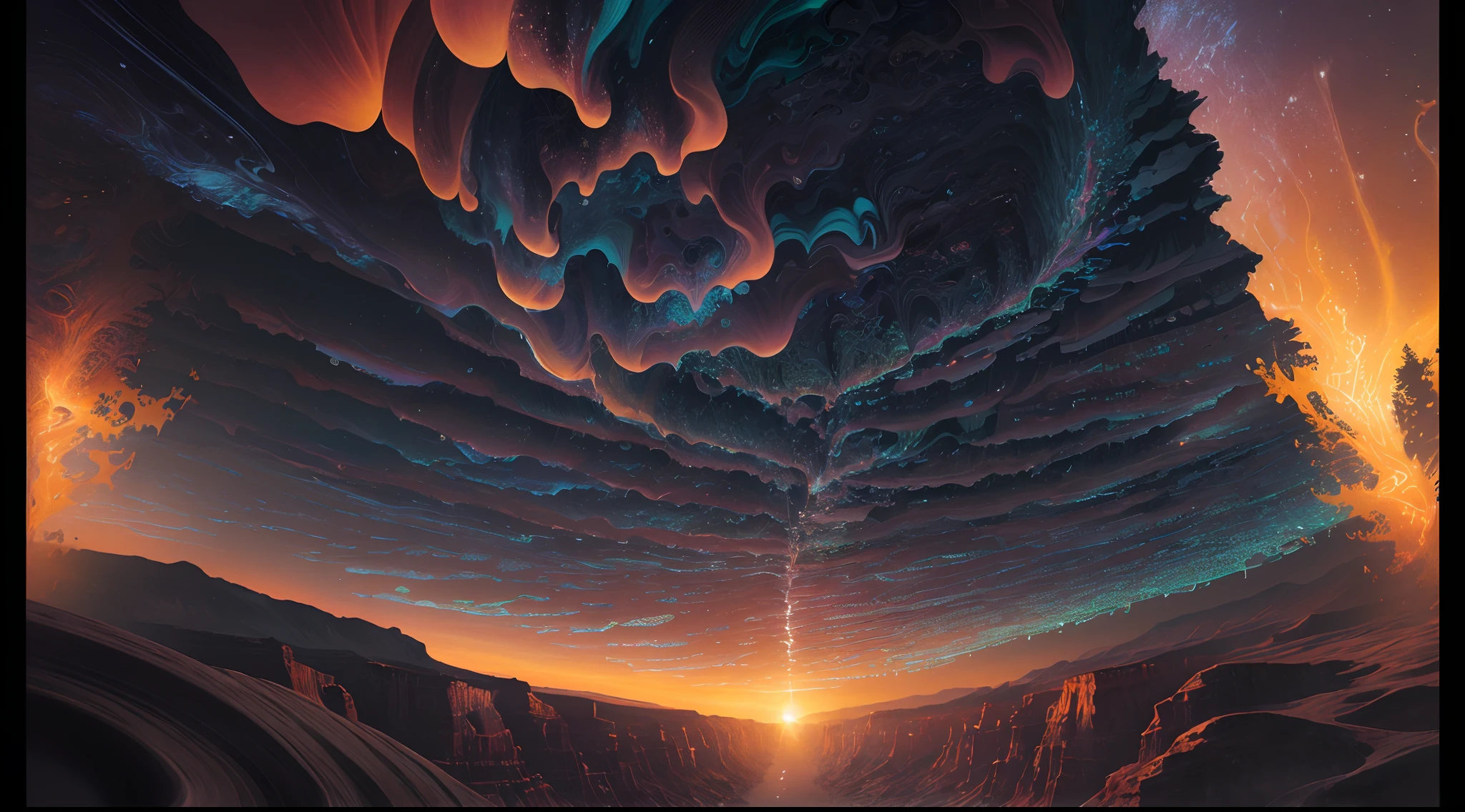 ((Midsummer Dusk)),glitched::1.6, Digital Noise,Seven colors,twlight、canyons(Best Impact:1.5), (maximalism:1.8), Vivid contrast, (Realistic), hyperrealistic illustrations, hight resolution, ultra-detailliert, absurderes,(Fractal Art:1.3)、Precise focus、randome pose、cinema4d、Drama