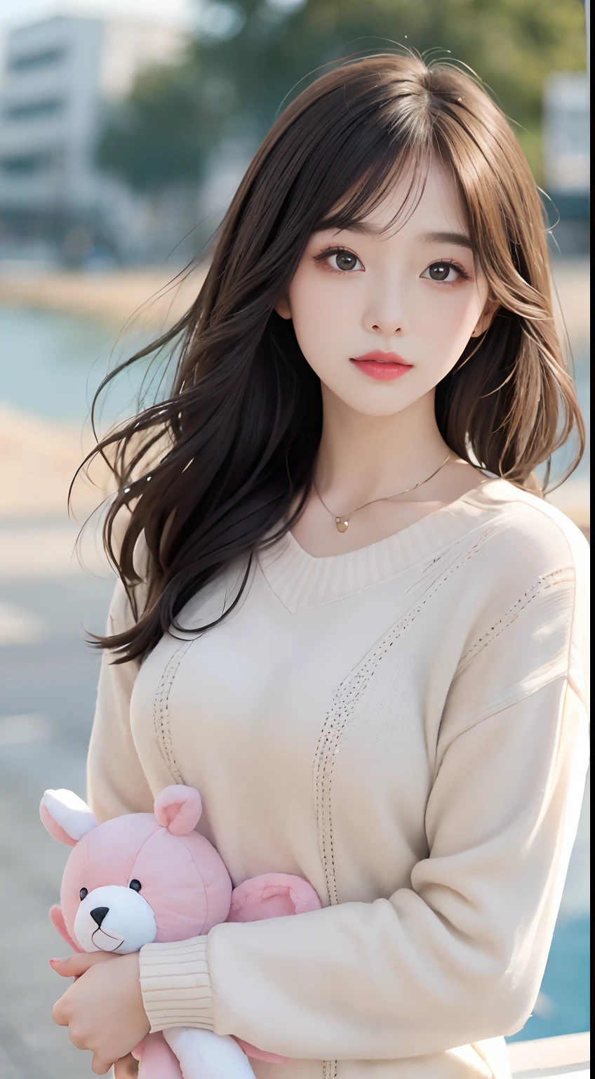 1girl , Sweaters, pillow, lips, open_mouth, realistic, solo, stuffed_animal, stuffed_toy, teddy_bear,(masterpiece),(fidelity:1.3),ultra - detailed,(Highly detailed skin:1.2),(best qualtiy:1.0),(超高分辨率:1.0),(ulzzang-6500:0.3),Wavy detail hair,long whitr hair,rays of sunshine,(Beautiful detailed makeup),(Sexually aroused blush,Heavy breathing:1.0 ), Flower theme flower petals scattered, (Soft light blooms:0.5)