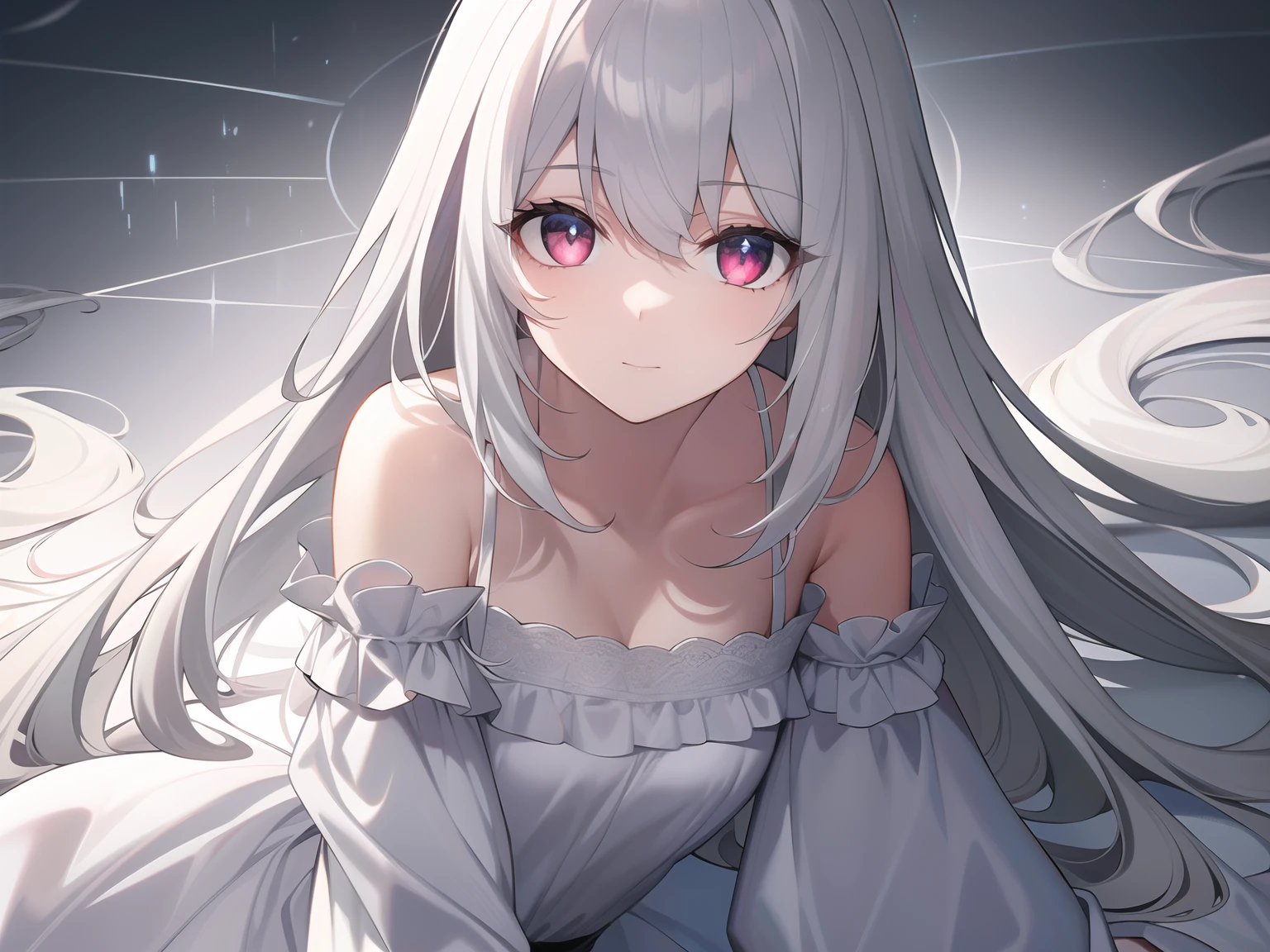 ((Masterpiece, Best quality))++, Detailed light+,  Detail hair+, detail hand+ ,1girll, woman, Long hair,   Crimson eyes,  Beautiful eyes, Young gray hair,,(Beautiful white hair:1.5),(Beautiful detailed eyes),    high resolution+,   blacksilk  ， a black skirt, Glass tones, Reflective eyes,   {{Angle}} , extremelydetailedwallpaper, Original, ,