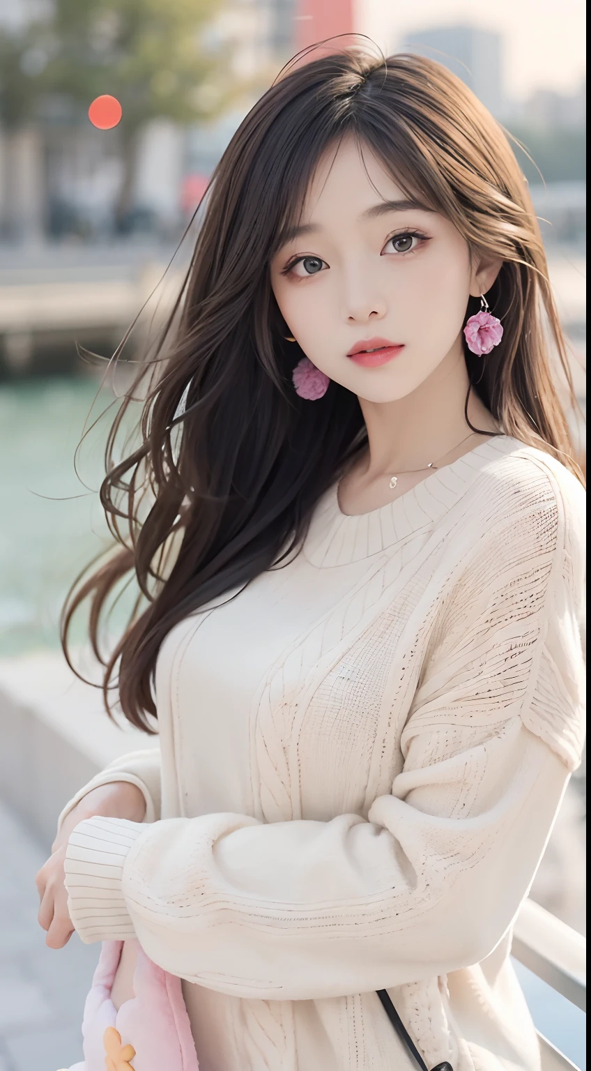 1girl walking on the river, mix4, sweater, pillow, lips, open_mouth, realistic, photo_\(medium\), solo, stuffed_animal, stuffed_toy, teddy_bear, (masterpiece), (realism: 1.3), super detailed, (High detail skin: 1.2), (Best quality: 1.0), (Ultra resolution: 1.0), (ULZZANG-6500: 0.3), wavy detail hair, long hair, sunshine, (beautiful detail makeup), (sexually aroused blush, heavy breath: 1.0), floral theme petals scattered, (soft light bloom: 0.5)