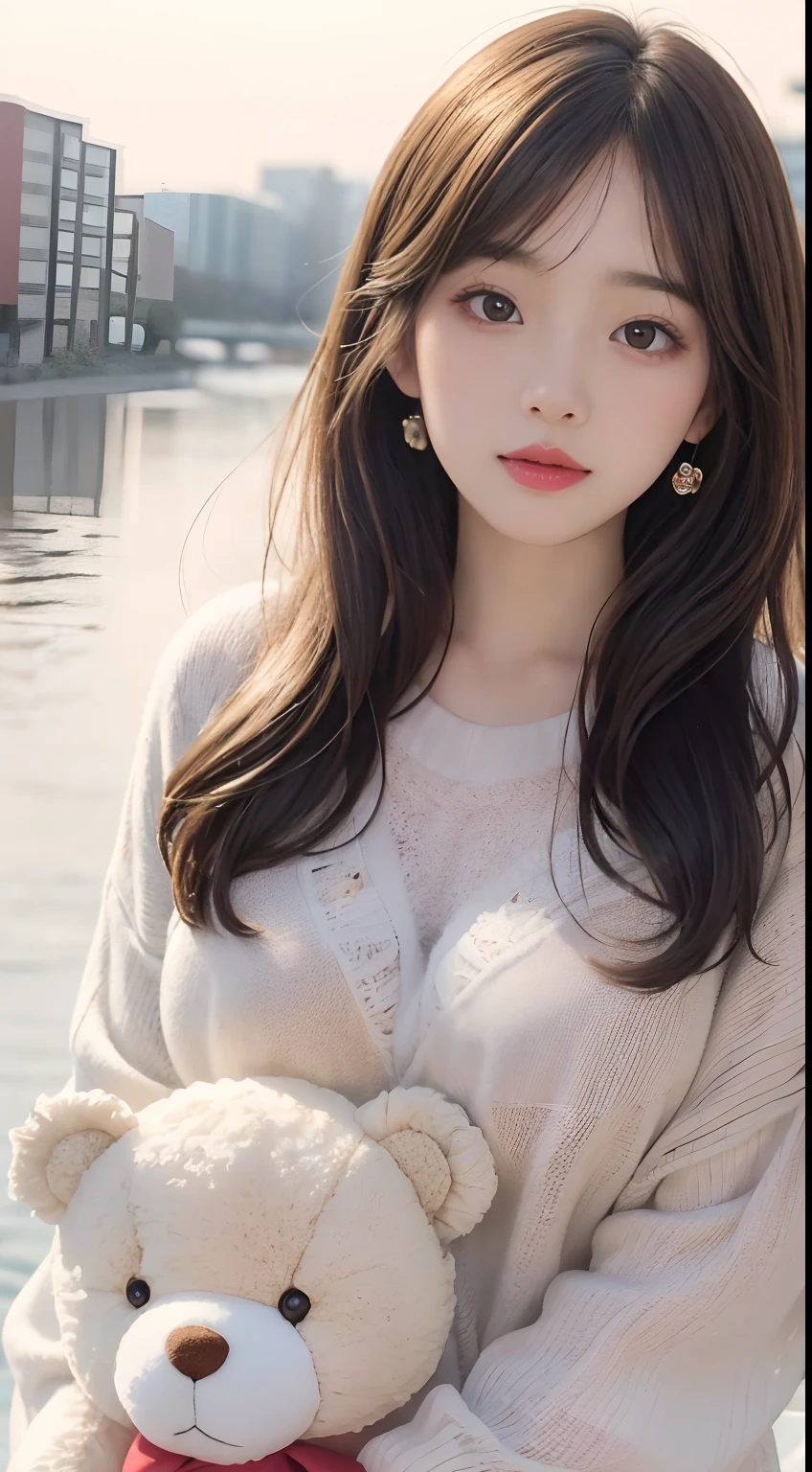 1girl walking on the river, mix4, sweater, pillow, lips, open_mouth, realistic, photo_\(medium\), solo, stuffed_animal, stuffed_toy, teddy_bear, (masterpiece), (realism: 1.3), super detailed, (High detail skin: 1.2), (Best quality: 1.0), (Ultra resolution: 1.0), (ULZZANG-6500: 0.3), wavy detail hair, long hair, sunshine, (beautiful detail makeup), (sexually aroused blush, heavy breath: 1.0), floral theme petals scattered, (soft light bloom: 0.5)
