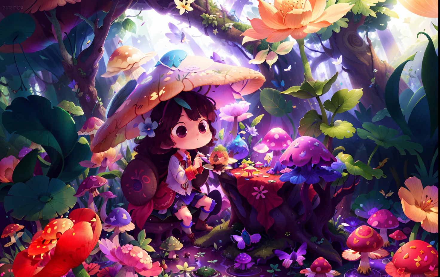 Mushroom forest with glass goblet,s fractal art,morning glory,butterflys,lotuses,four-leaf clover,morning glory,Cyber Mushroom Forest,Ultra-detailed digital fantasy art。Mushrooms are everywhere in the picture,The unique mushroom shape creates a magical casa scene