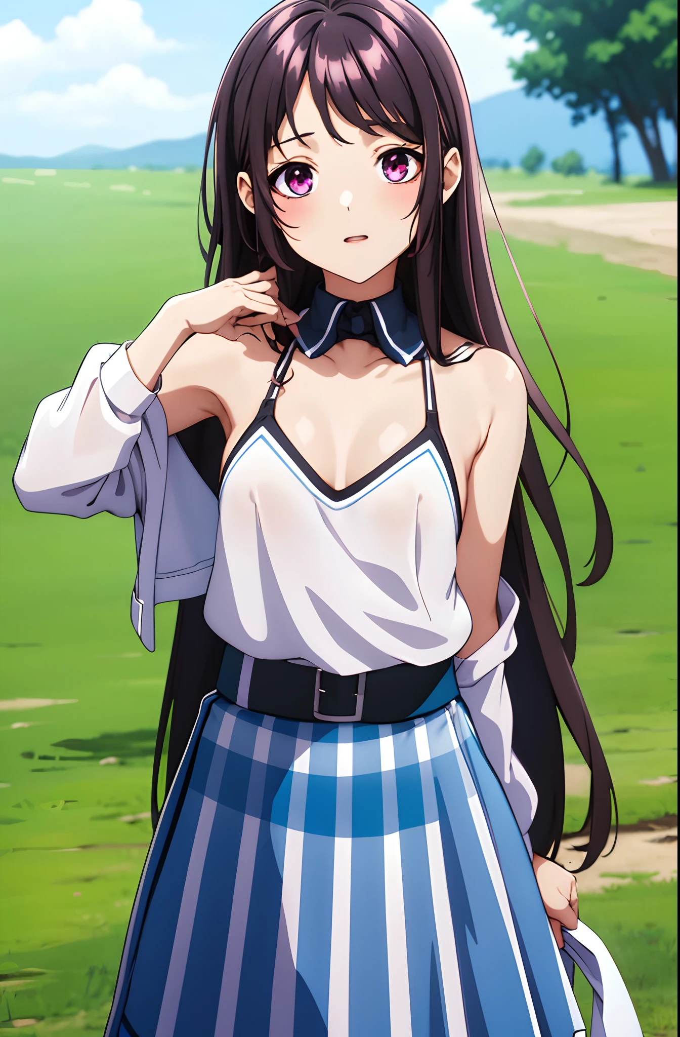 KaoriHojo, GIRL, (Masterpiece: 1.1), (Best Quality: 1.1), Upper Body Bikini, (White Bikini: 1.1), (Plaid Skirt: 1.1), High Waist Skirt, Blake [Green Grass: Pink, :0.5] Themed, (Urban Background: 1.1), Denim Lenses, Blake Silver, Long, Green Eye, Landscape, small chest, short height, little girl, flat chest, small, cleavage, ((bare shoulder)), exposed, (nipples)