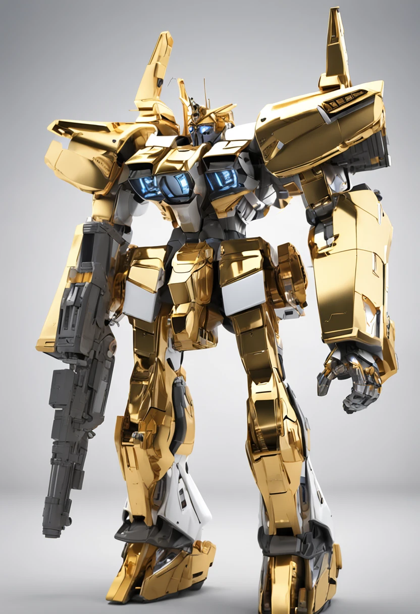 The image shows a white and gold gundam, in the style of intersecting planeshighly realistic, grandeur of scale, playfully intricate, glassy translucence, gracefulposes, super details, Maxon Cinema 4D, high detail, 32k --s 1000 --uplight --ar 9:16