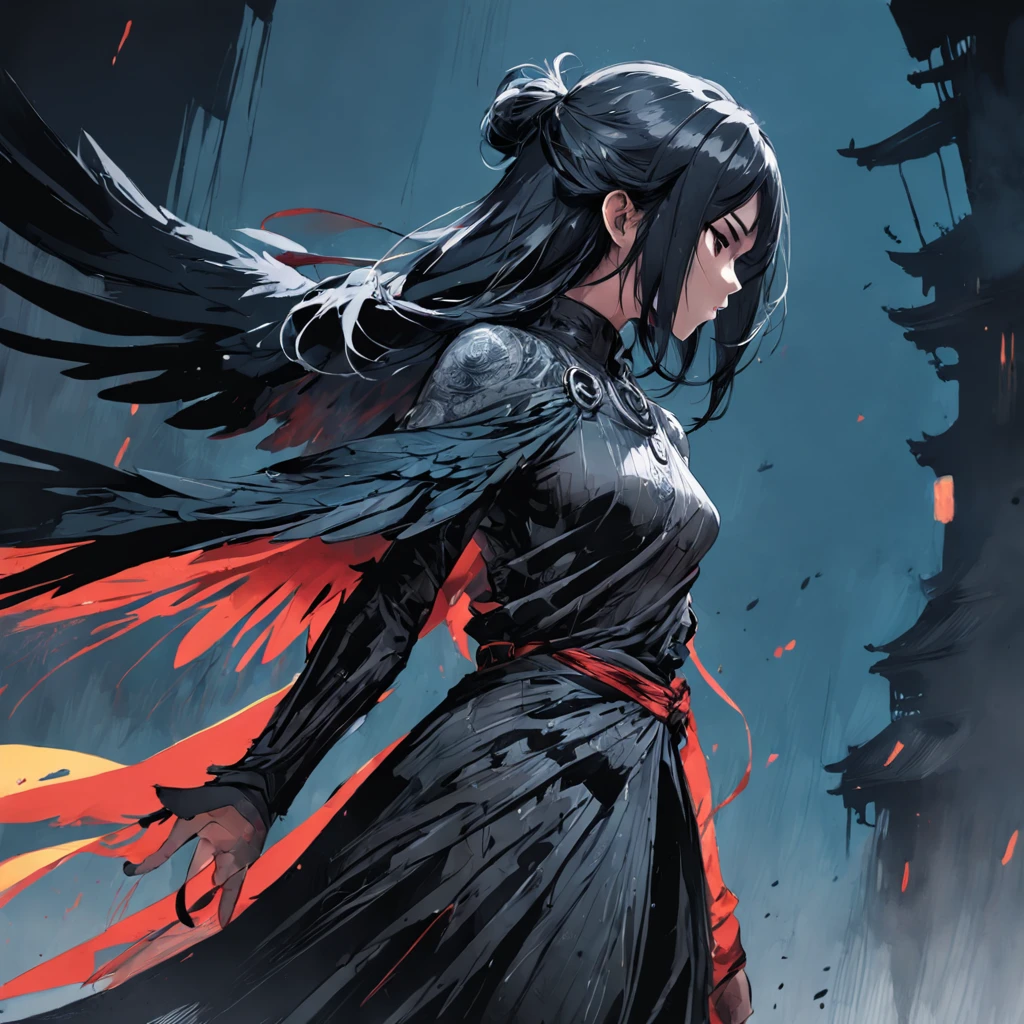 Ink drawing of a raven, side profile, moden ao Dai, full body, Peter Draws, digital illustration, comic style, black and white contrast, perfect anatomy, centered, dynamic, detailed, watercolor painting, artstation, concept art, smooth, sharp focus, illustration, art by Carne Griffiths and Wadim Kashin,