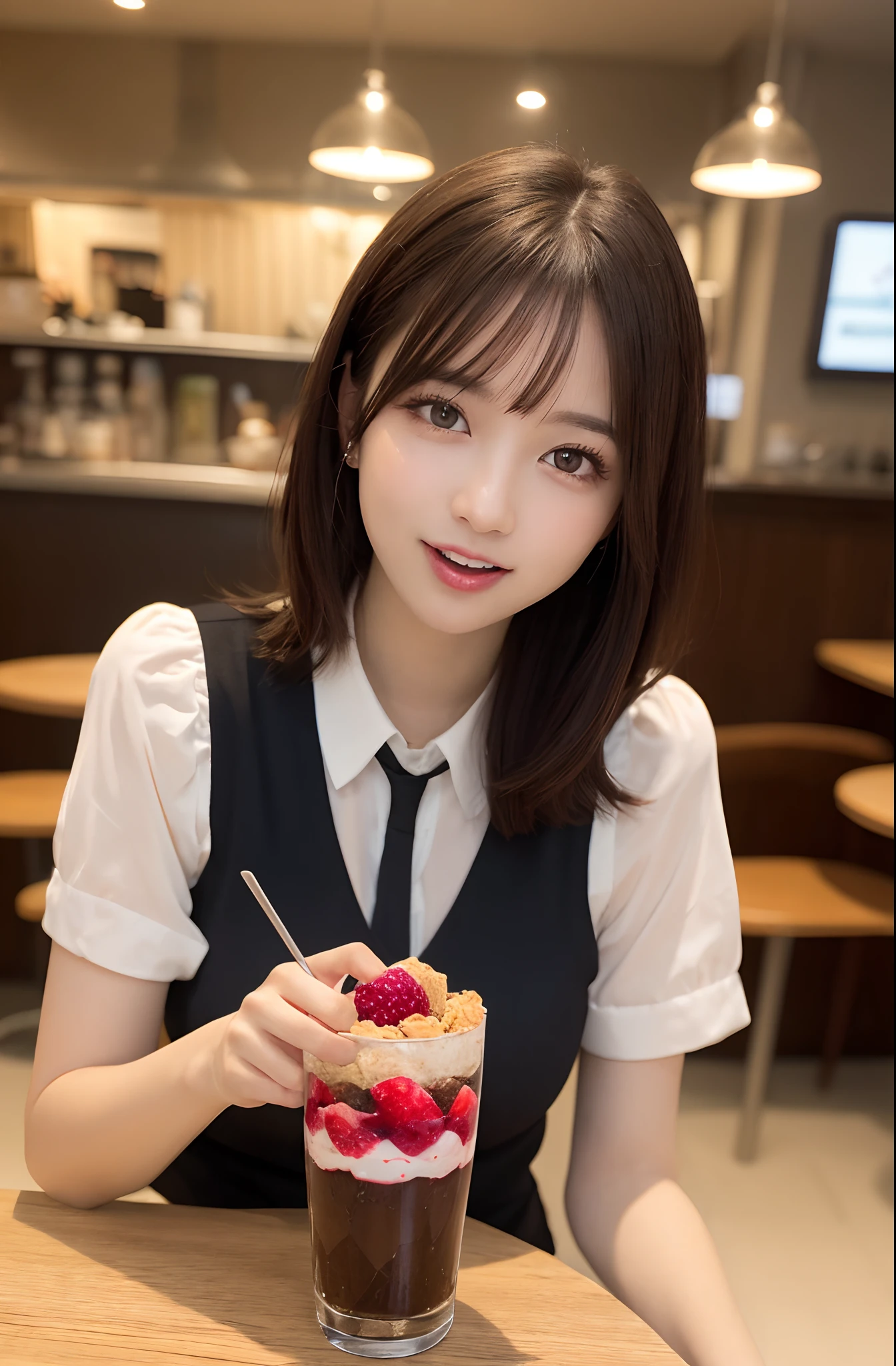 masutepiece, Best Quality, Illustration, Ultra-detailed, finely detail, hight resolution, 8K Wallpaper, Perfect dynamic composition, 1 beautiful girl, Beautiful detailed eyes, (looking at the parfait, open mouth:1.3), girly blouse, Medium Hair, normal breasts, Natural Color Lip, Random Poses, Smile, Snazzy cafe, 20 years girl, sit, a chocolate parfait in vertically elongated glass on the table,