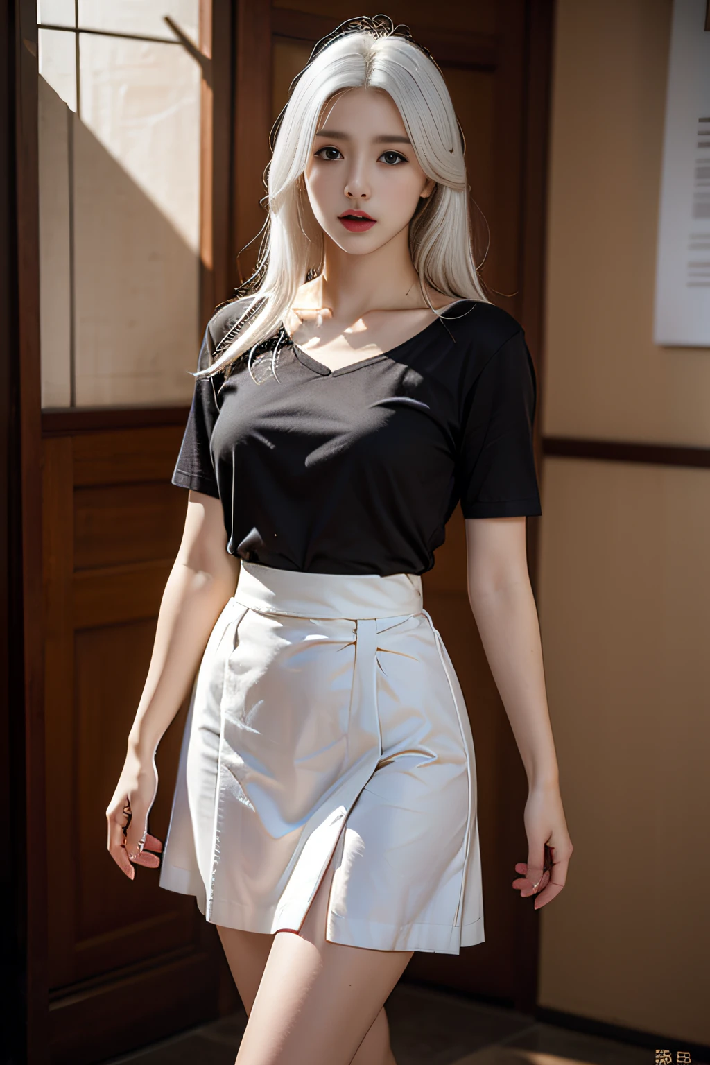 Best quality, Masterpiece, 超高分辨率, (Photorealistic:1.4), RAW photo, (Perfect body shape), 1girll, White hair, Waist up, Solo, White OL uniform, pleatedskirt