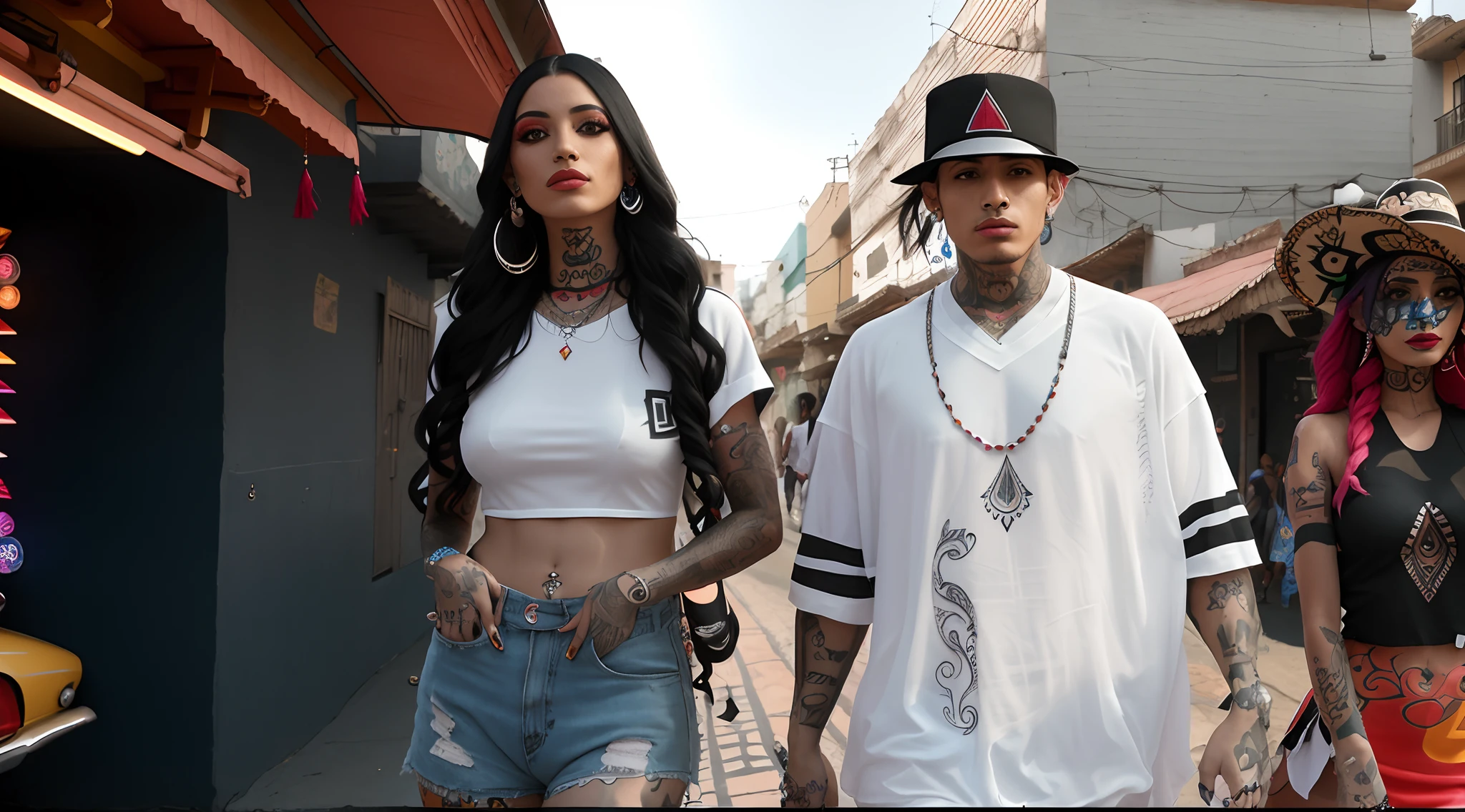 tattooed couple walking down the street in front of a car, wearing shipibo tattoos, modeling for dulce and gabanna, twins, tattoo, alex miranda, with tattoos, on a street, latinas, ney matogrosso with malice, karla ortiz, by Manuel Ortiz de Zarate, by Luis Molinari, tattooed, jrpg aztec street fashion
