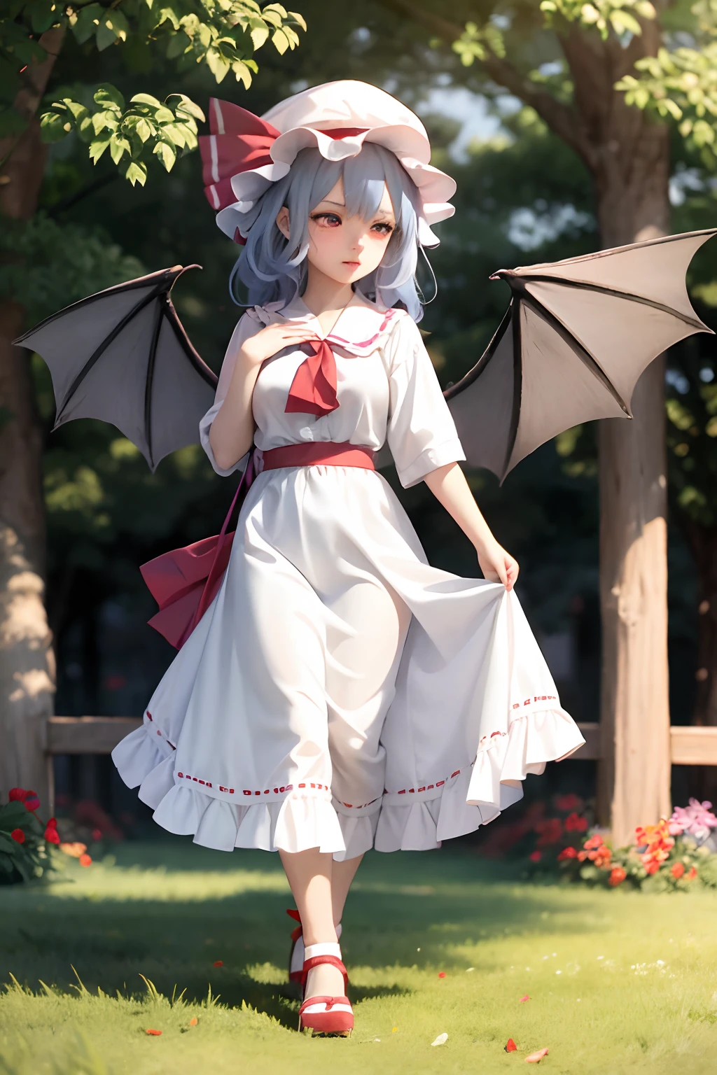 ​masterpiece、top-quality、1girl in、student clothes、Mob Hut、Medium hair with blue hair、red blush、the bow、ascot、wingspan、school  background、(nffsw:0.8)、Colossal tits、A slender、remilia scarlet、full body seen、Undressing