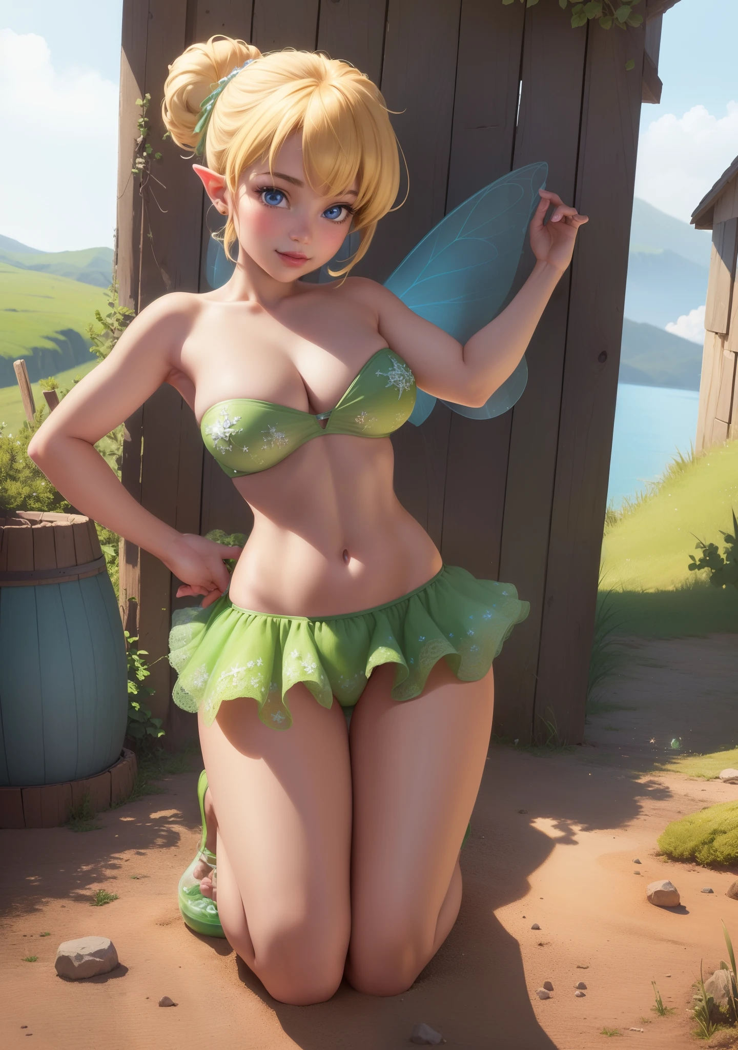 (Tinkerbell Waifu:1), smile, pose on all fours, cute, looking at the viewer, thick thighs, single bun, short hair, (strapless green dress:1), (fairy wings), (focus on breasts:1.2), (realistic: 1.2), (realism), (masterpiece: 1.2), (best quality), (ultra detailed), (8k, 4k, complex),(full body photo: 1),(cowboy photo:1.2), (85mm), light particles, lighting, (highly detailed:1.2), (detailed face:1.2), (gradients), sfw, colorful,(detailed eyes:1.2), (detailed ladscape, inside a glass jar :1.2),(detailed background),detailed landscape, (dynamic angle:1.2), (dynamic posture:1.2), (rule of terceira_compositing:1.3), (line of action:1.2), general plan, daylight, soil, no panties, huge breasts