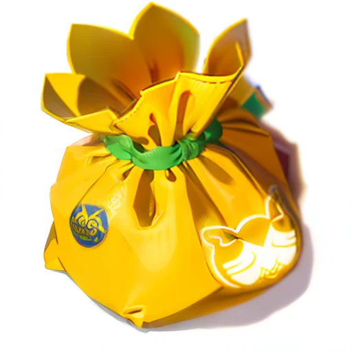 A money bag icon，Yellow-orange money bag，Seal with a green string，The money bag has a golden rune pattern on it，Game icons for anime games，in style of hayao miyazaki