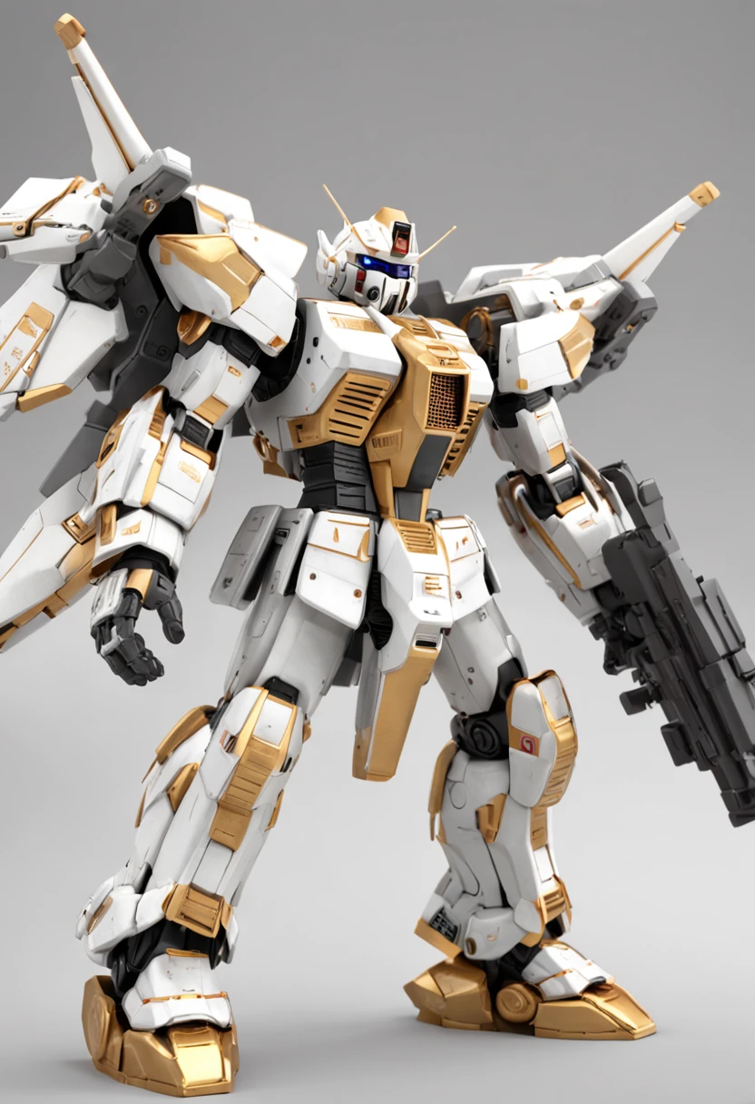 The image shows a white and gold gundam, in the style of intersecting planeshighly realistic, grandeur of scale, playfully intricate, glassy translucence, gracefulposes, super details, Maxon Cinema 4D, high detail, 32k --s 1000 --uplight --ar 9:16
