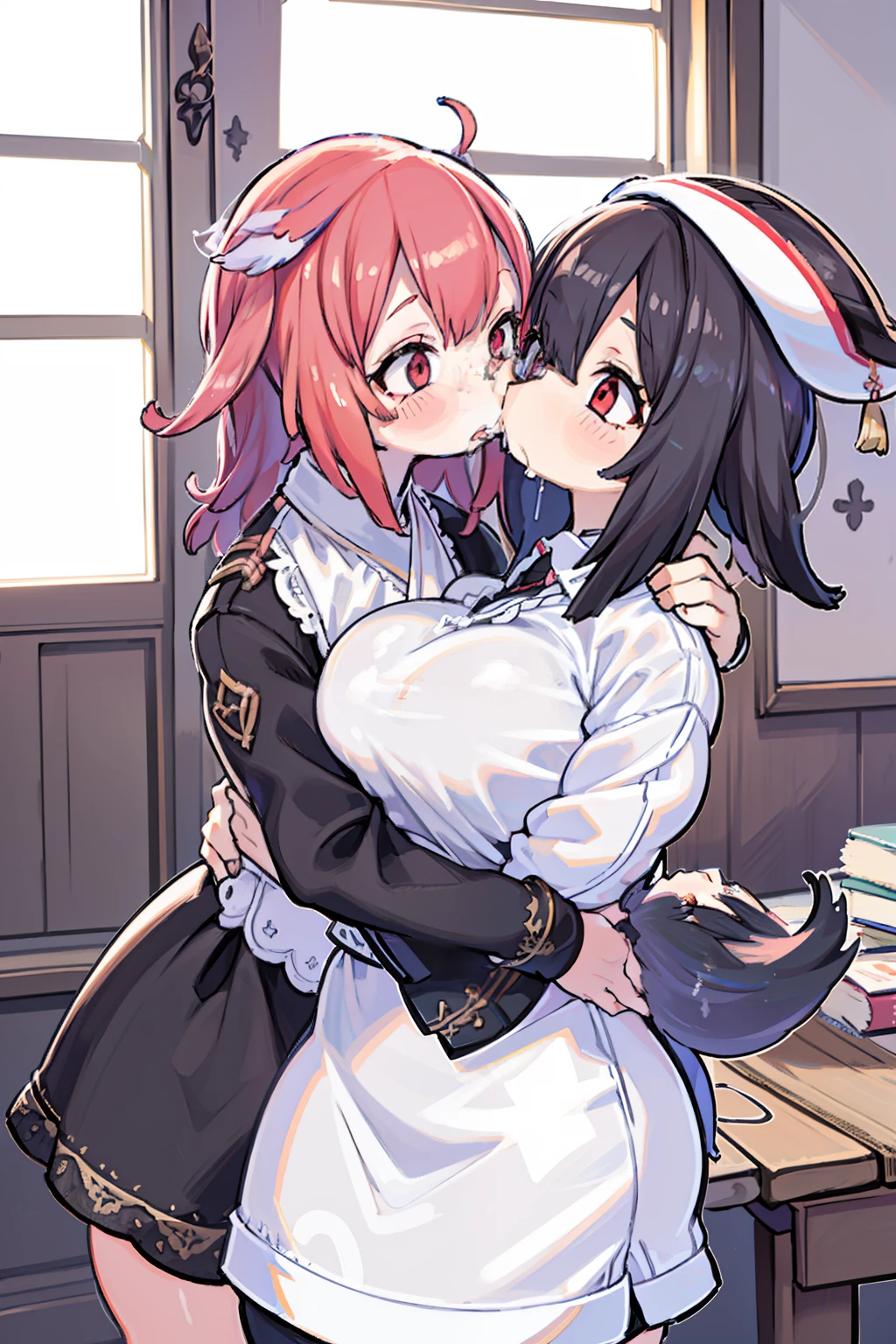 2girls,girl1:bbw、adolable,Black hair,Bob-cut hair,rcasual、Kisses and hugs、stare、NOWAI、foxes、Girl 2:adolable,A pink-haired,Long grey hair,rcasual。Kisses and hugs、stare、NOWAI、foxes