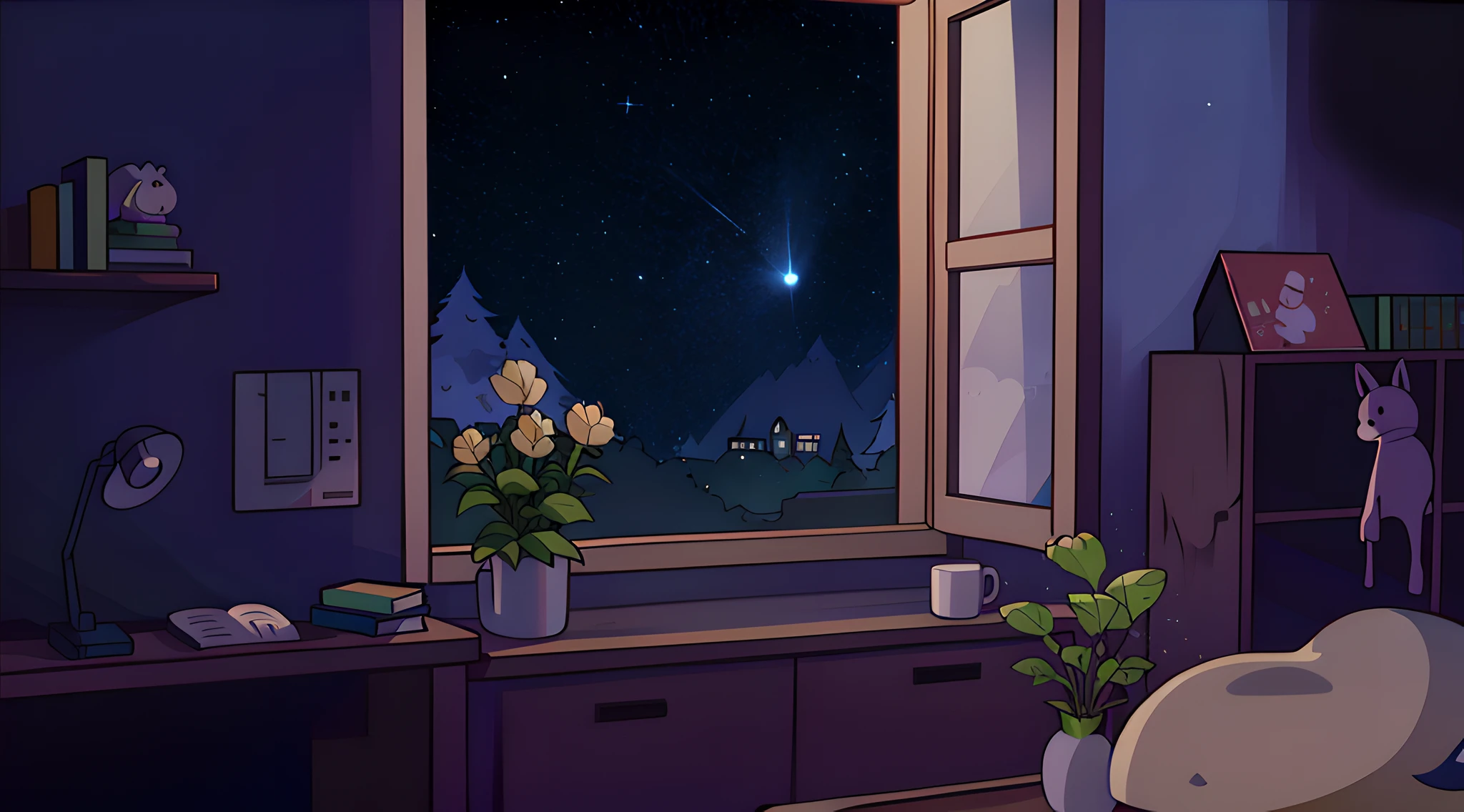 View from inside a house out through a window with a night sky outside, coffee mug , Estilo Gravity Falls, sem pessoas, 8k, melhor qualidade), (First-person view)