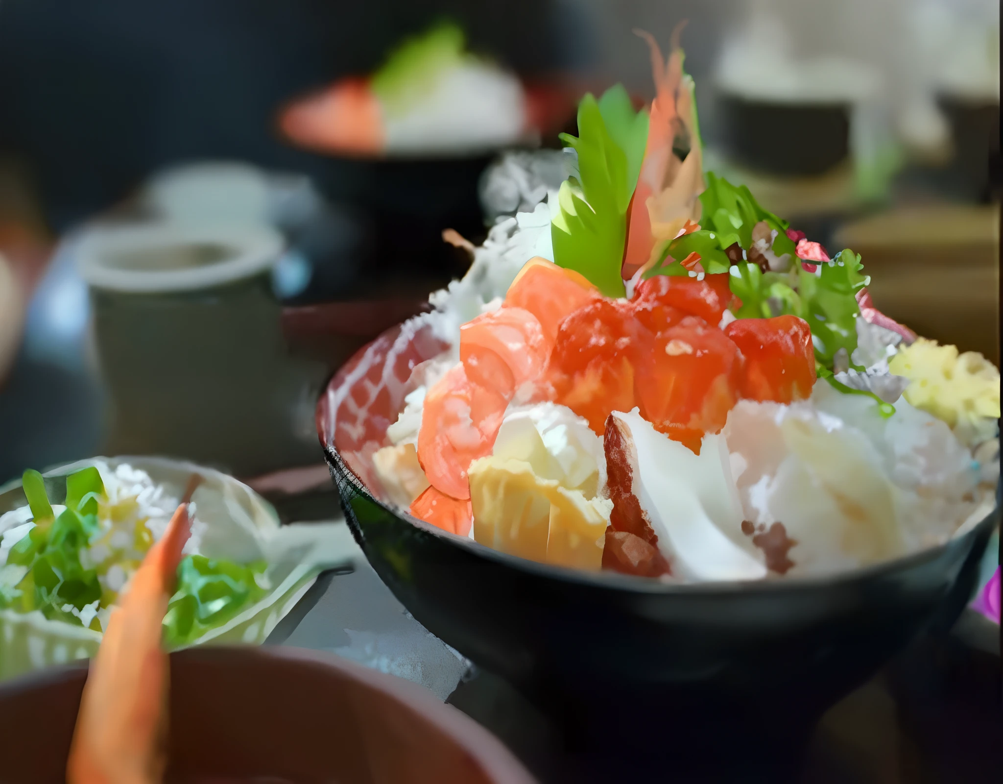 There was a bowl of food，Top with shrimp and vegetables, japanese fusion cuisine, foodphoto, Estilo de Makoto Shinkai