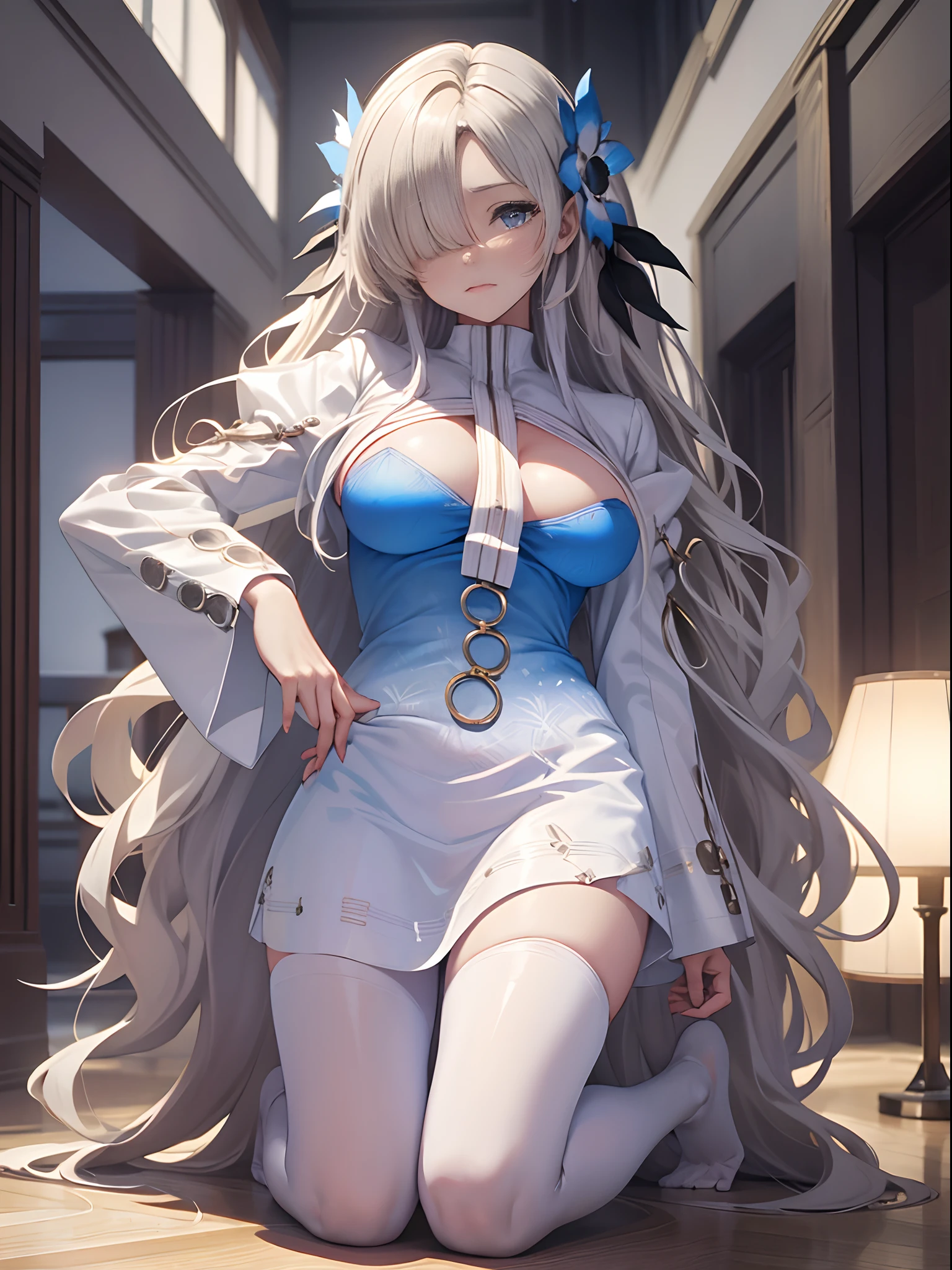 (Enrich the picture,Masterpiece level quality)Beautiful 8K CG artwork,Goddess-like posture,Kneeling exercise,Slim and soft,Translucent skin,Silver hair、The beauty of extra-long hair, Super Long Straight Hair,The skin is fair and juicy,Big breasts lingerie miniskirt uniform,Perspective Part 1.2x enhanced silhouette effect,Exquisite transparent blues pattern in pajamas,The details are intricate and exquisite,The background is slightly blurred,Charming and lustful leg seduction,Drool,K cup oversized big breasts,Blush,Japan goddess,Perfect body slim curves,