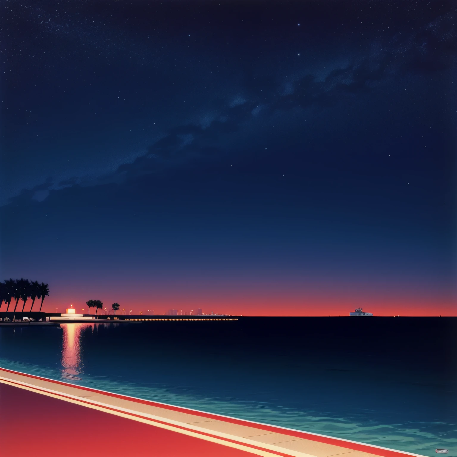 Seaside at night，palmeiras，Planes，There are stars in the sky，2D，Hiroshi Nagai