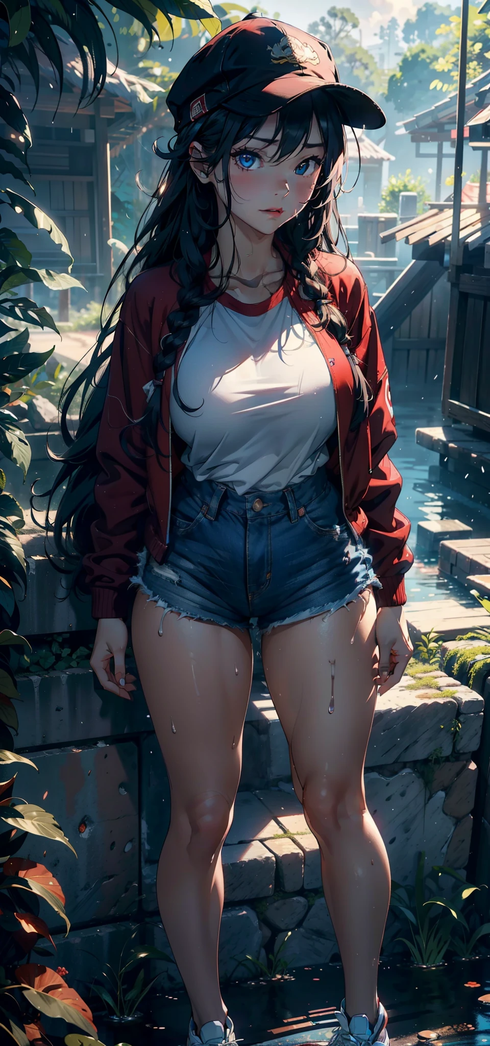1female,9 years old,bit girl,,super adorable,huge-breasted ,Pornographic exposure, 独奏,(Background with:ln the forest,the rainforest,in summer,Standing water on the ground,exteriors) Feel free to hairstyle,Stride,Sweat profusely,drenched all over the body,seen from the front,Very long hair , mostly cloudy sky,(((tmasterpiece),(Very detailed CG unity 8K wallpaper),best qualtiy,cinmatic lighting,detailed back ground,beatiful detailed eyes,Bright pupils,blue color eyes(Very fine and beautiful),(Beautiful and detailed eye description),ultra - detailed,tmasterpiece,)),facing at camera,A high resolution,ultra - detailed)nakeness,with no underpants,revealing breasts,Bare genitalia, Bulge,Camel toes,Raised sexy,Lewd expression,Flushed complexion,Open-mouthed,frontage,elementary student(Wearing:Red baseball jacket,Extremely short denim shorts,baseball cap,athletic sneakers)Full body photo,Show shoes