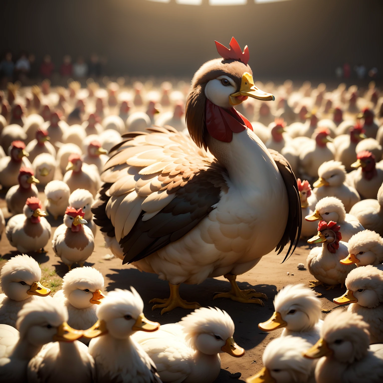 Hundreds of chickens against the duck king