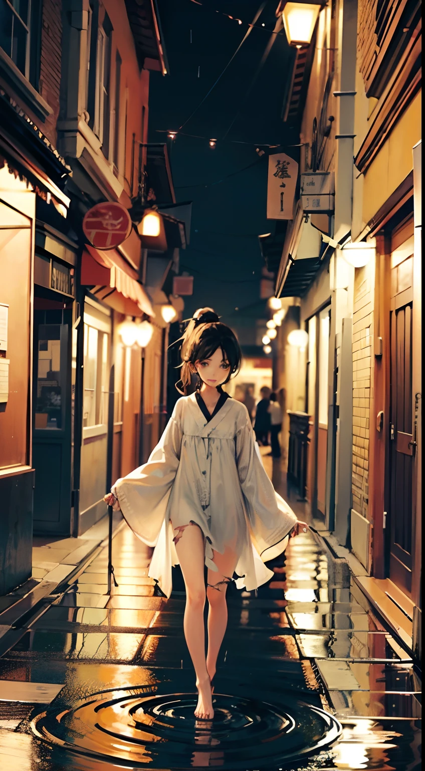 deep in the night,little bit of raining,bit girl,The expression is shy,Black hair with high ponytail,Wear Taoist costumes,Comfortable robe sleeves,Clothes hang down to the ankles,Loose collar,The placket is inlaid with delicate embroidery or patterns,Clothes are torn and torn,clothes wet,Fit snugly to the body,Barefoot,The front foot is raised to expose the soles of the feet, girl walking on streets where there is no one at night,Walk lightly,Every step brings ripples,Puddles reflect the soles of your bare feet,The streets are shrouded in silence and silence。Street lights emit a soft yellow or white glow,Cast warm light and shadow in the dark。The buildings lining the streets stand quietly,There was a faint light outside the window,Reflected in the street