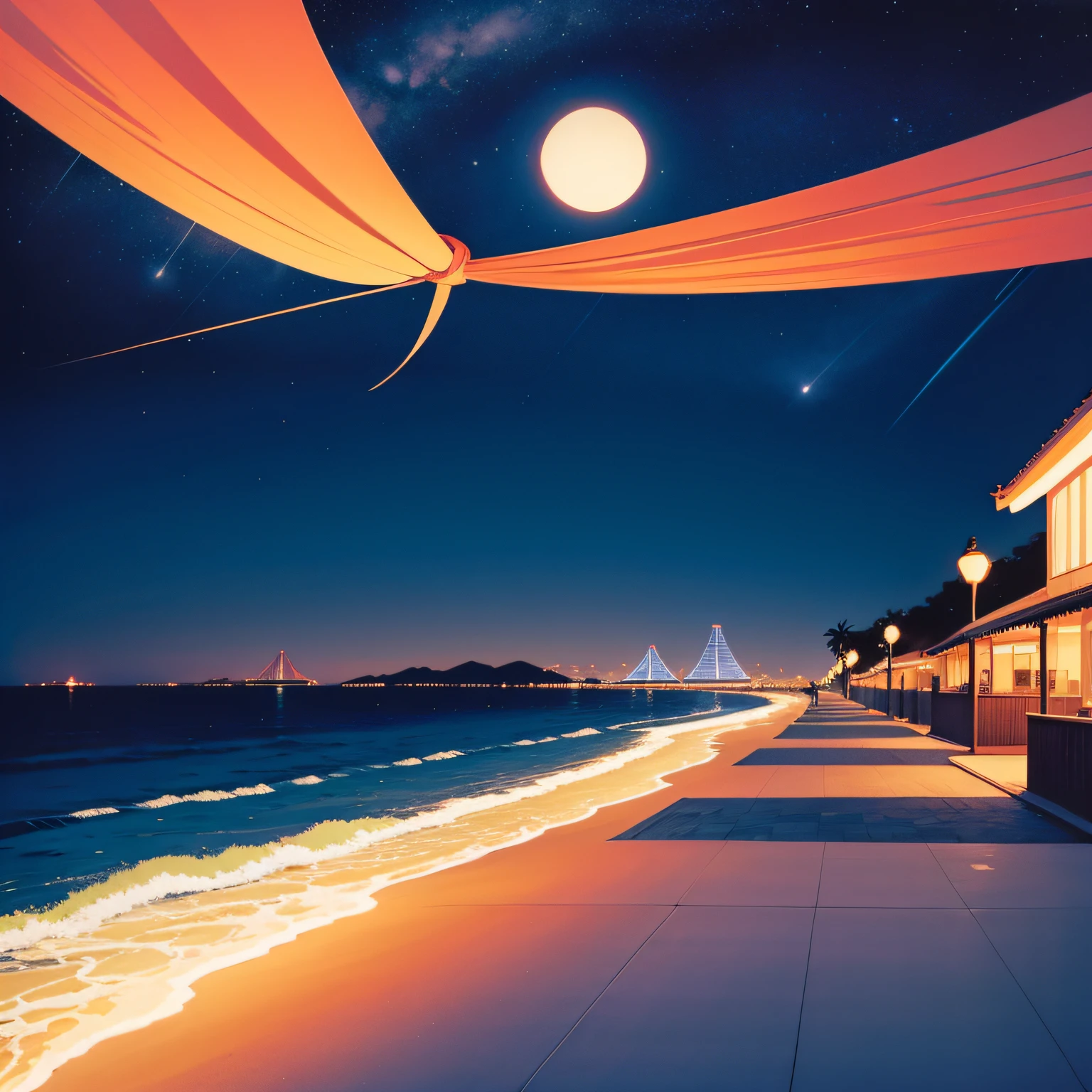Seaside at night，palmeiras，bldrnrst，Planes，There are stars in the sky，2D，Hiroshi Nagai