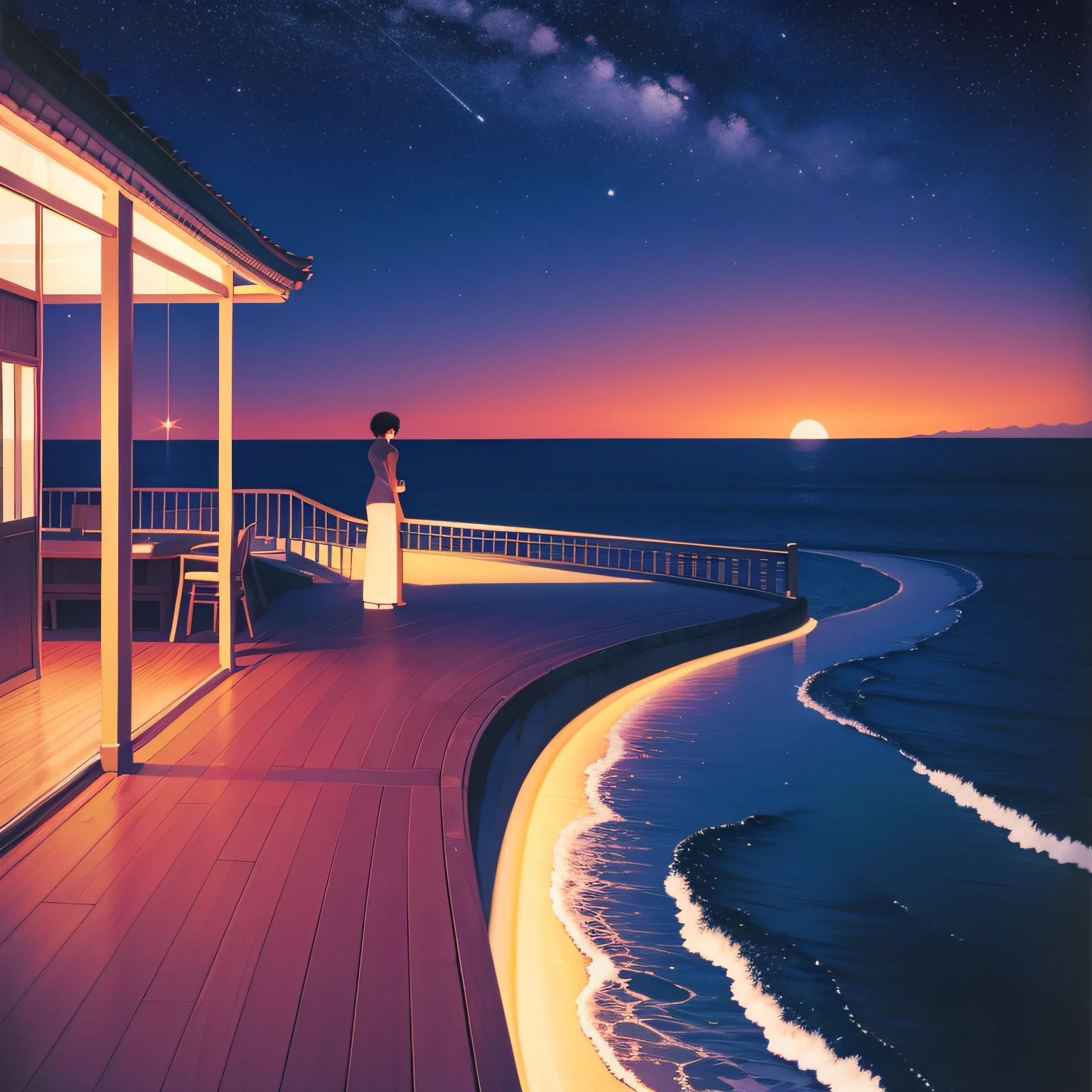 Seaside at night,palmeiras,bldrnrst,Planes,There are stars in the sky,2D,Hiroshi Nagai