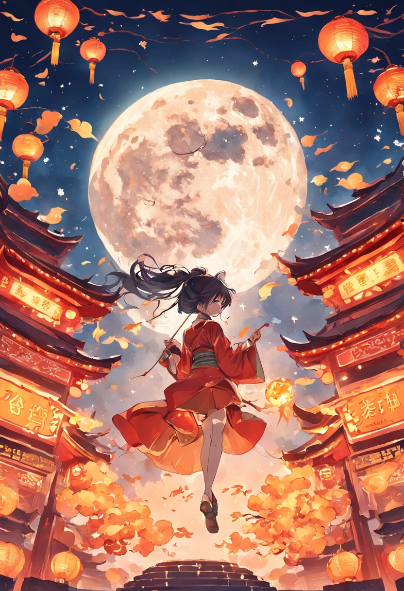 Art is commercial illustration,The theme is the Mid-Autumn Festival poster。The background is a scene of the moon and the moon palace,There are lanterns flying outside the moon。The center area of the picture is centered and typeset,The main body is Jade Rabbit making mooncakes。laurel、mont、Eau、Clouds and other details decorated,Auto-adjust mode is adopted。 --auto