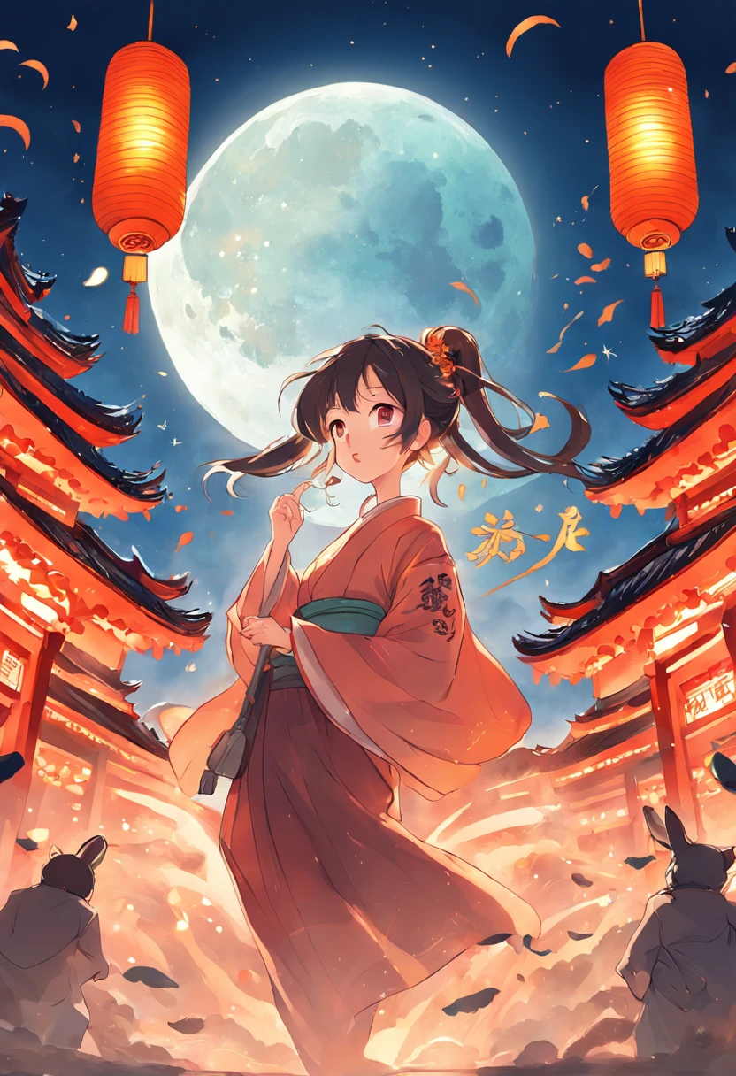 Art is commercial illustration,The theme is the Mid-Autumn Festival poster。The background is a scene of the moon and the moon palace,There are lanterns flying outside the moon。The center area of the picture is centered and typeset,The main body is Jade Rabbit making mooncakes。laurel、mont、Eau、Clouds and other details decorated,Auto-adjust mode is adopted。 --auto