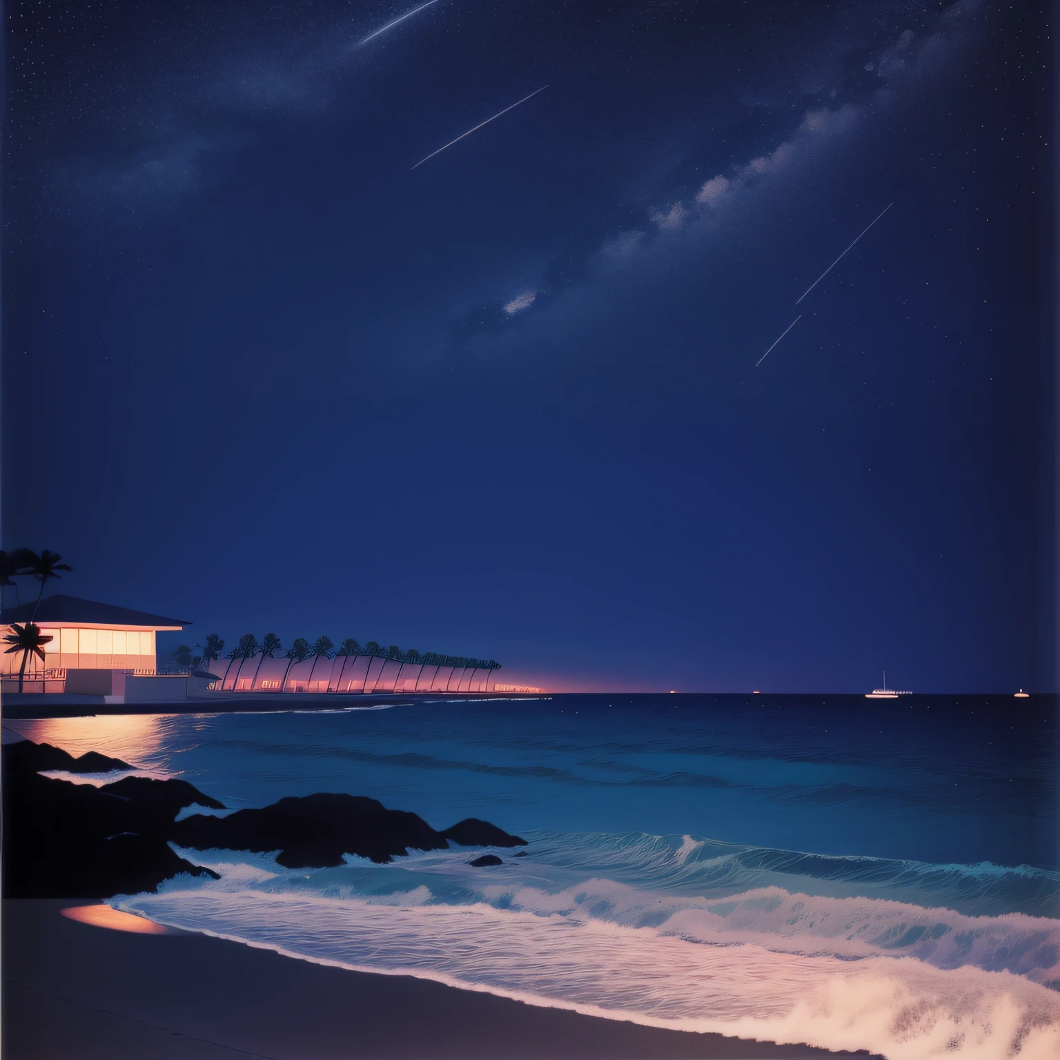 Seaside at night,palmeiras,bldrnrst,Planes,There are stars in the sky,2D,Hiroshi Nagai