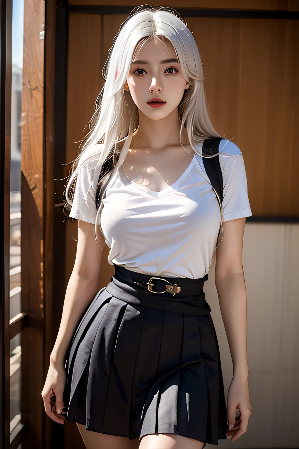 Best quality, Masterpiece, 超高分辨率, (Photorealistic:1.4), RAW photo, (Perfect body shape), 1girll, White hair, Waist up, Solo, school uniform, Skirt