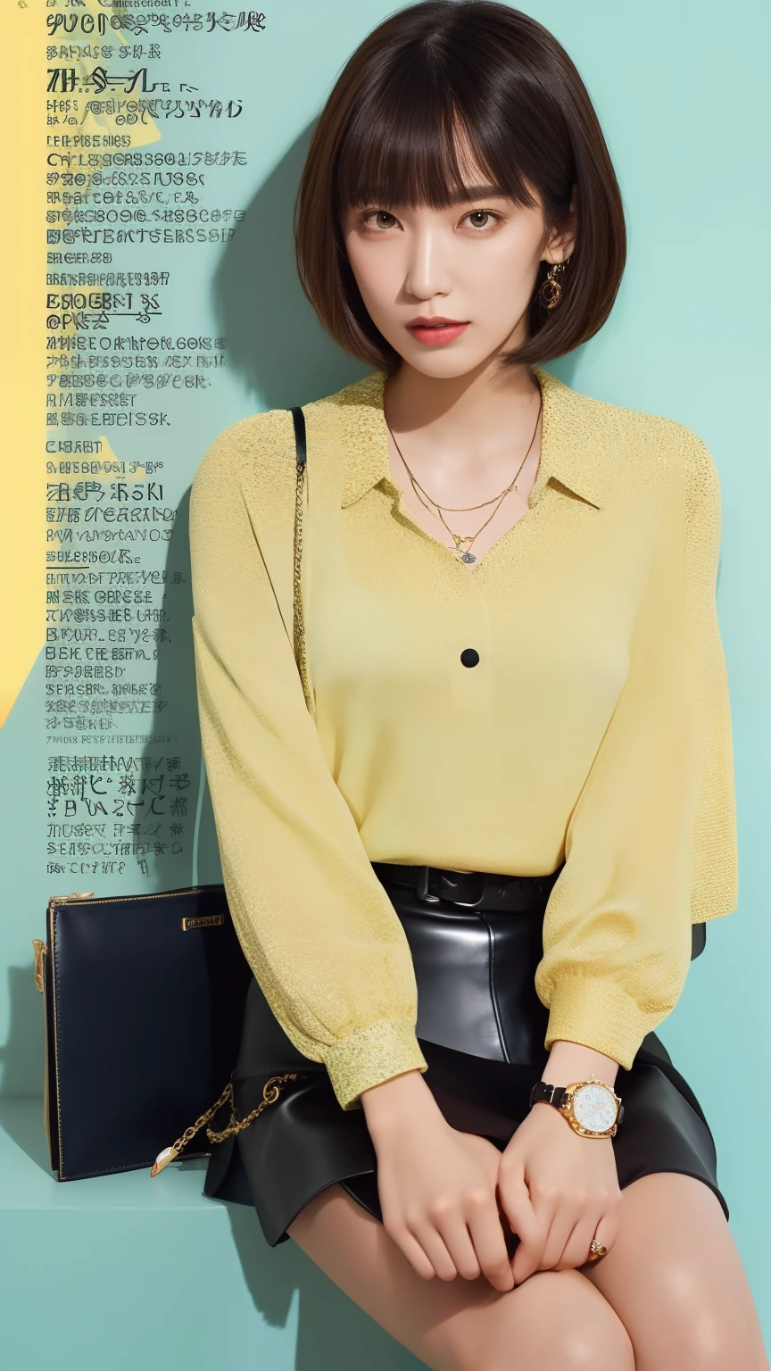 Business-oriented fashion magazine cover in girlish style, Features a model with sideways bangs and an ash brown short bob hairstyle. She wears a pastel-colored silk blouse with a Peter Pan collar, High-waisted pencil skirt, And shiny leather loafers. Accessories include、Includes a simple gold necklace and leather watch. The magazine has、Includes brands such as lei and cancam, Catering to a young and playful audience