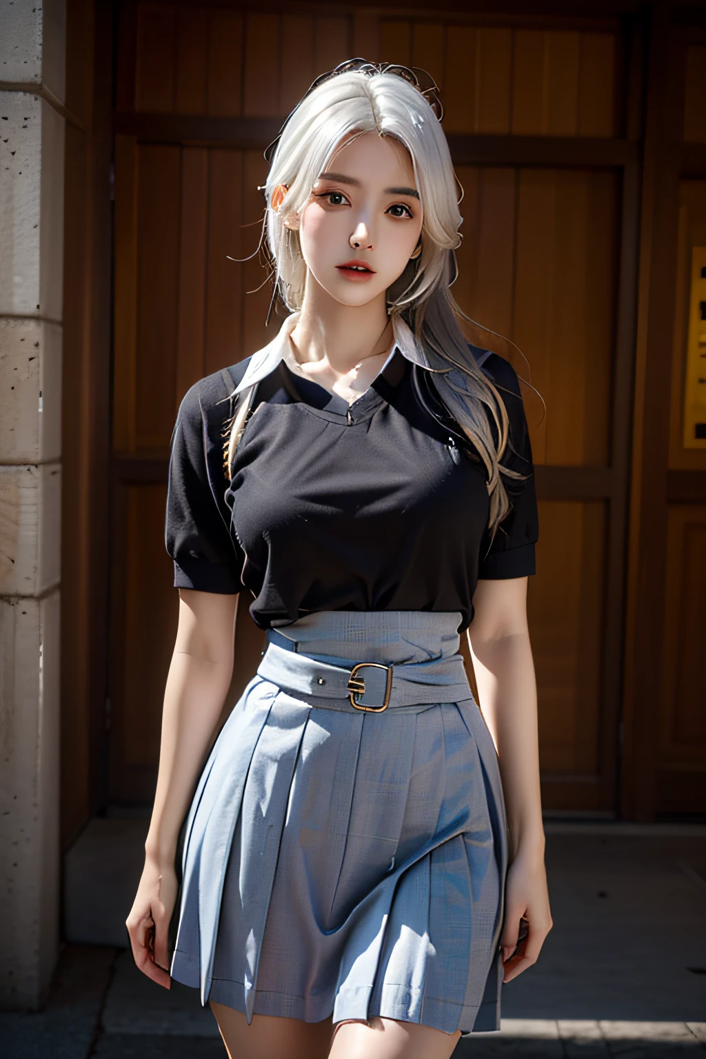 Best quality, Masterpiece, 超高分辨率, (Photorealistic:1.4), RAW photo, (Perfect body shape), 1girll, White hair, Waist up, Solo, school uniform, Skirt