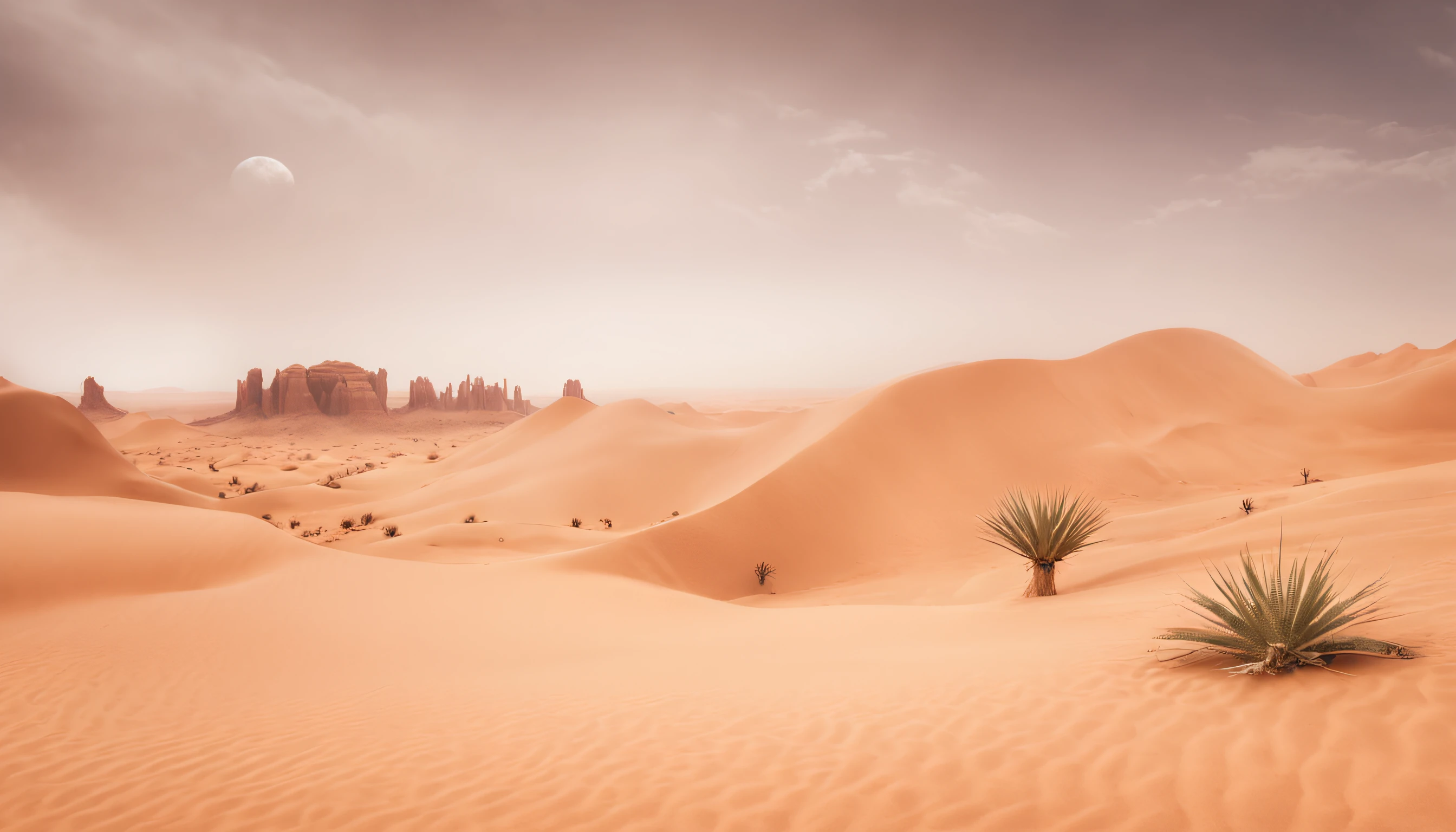 concept-art ((Vast desert)),oasis in the desert.Desert cactus ,sprawling，Empty，（Sand），（NOhumans），desolated，blurryforeground，depth of fields，k hd，Detailed details，Best picture quality，Light and shadow effects，Movie special effects， Digital artwork, illustrated, painting of a, Matte painting, Highly detailed