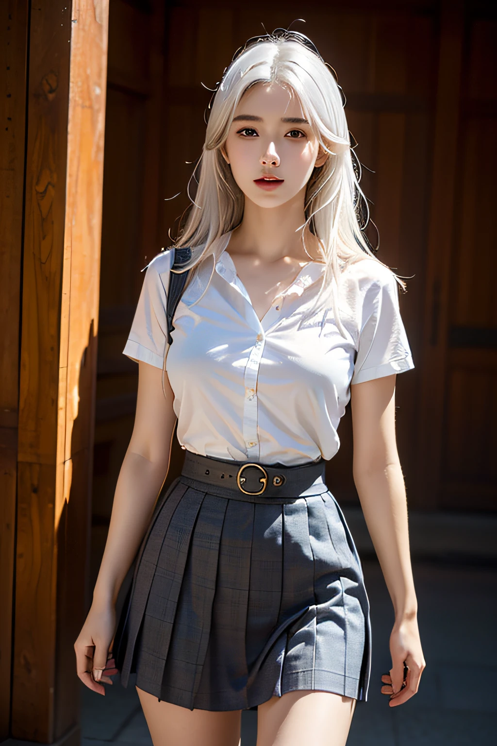 Best quality, Masterpiece, 超高分辨率, (Photorealistic:1.4), RAW photo, (Perfect body shape), 1girll, White hair, Waist up, Solo, school uniform, Skirt