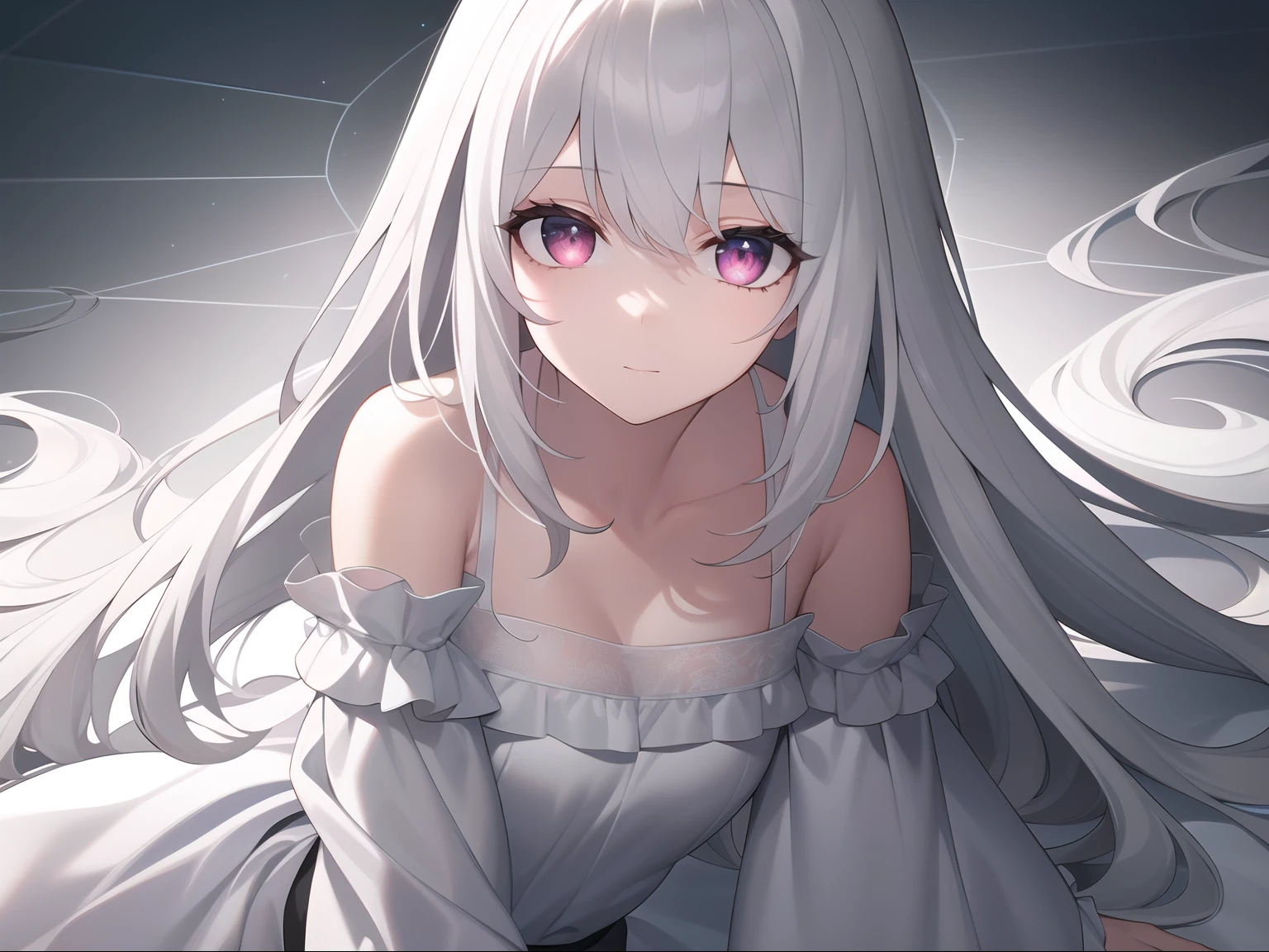 ((Masterpiece, Best quality))++, Detailed light+, Detail hair+, detail hand+ ,1girll, woman, Long hair, Crimson eyes, Beautiful eyes, Young gray hair,,(Beautiful white hair:1.5),(Beautiful detailed eyes), high resolution+, blacksilk , a black skirt, Glass tones, Reflective eyes, {{Angle}} , extremelydetailedwallpaper, Original, ,