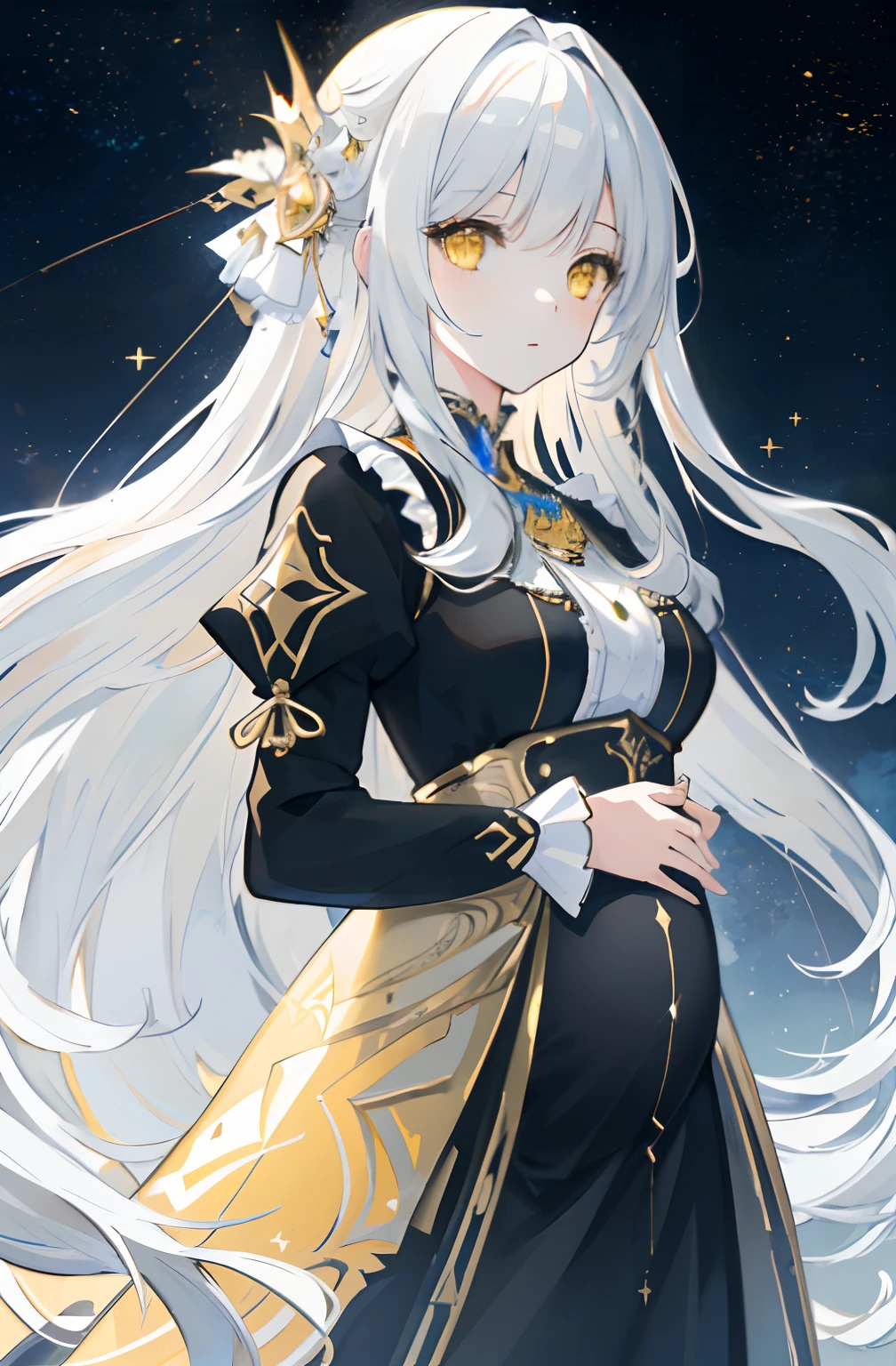 ((masterpiece)), ((best quality)), (amazing desinger), (best artist), (best illustrated landscape), (best performance), (4k Full HD), (HDR+), (1girl) with (long) white hair, (sparkling yellow eyes), in a landscape on the side with (amazing) starry sky drawn in artistic and cinematic tones-- MeinaPastel style--v5 (anime illustration), pregnant