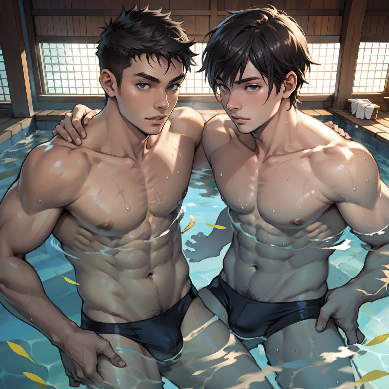 Two boys swimming together，bathhouse，Raised sexy