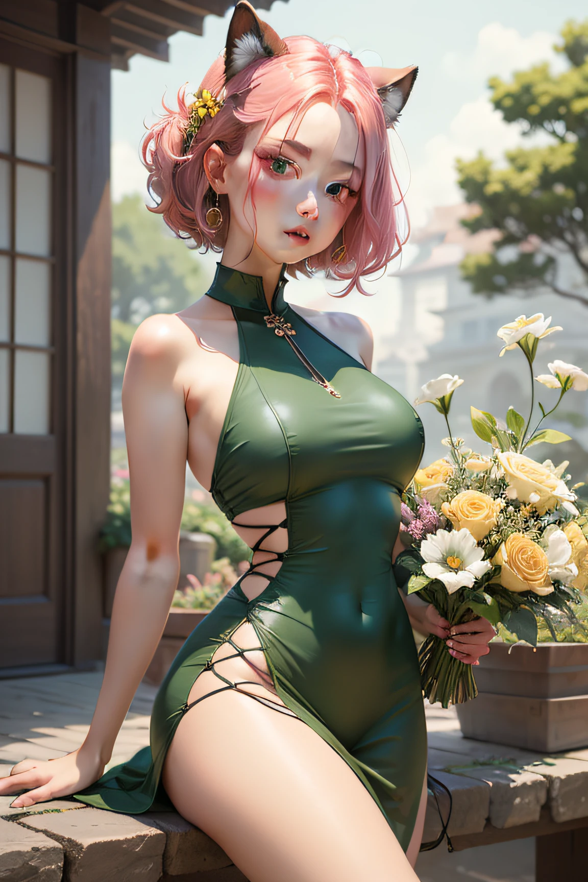 Kizi，独奏，Be red in the face，By bangs，Powder Pink_the hair，the hair_decorations，The clothes ar，halter，Naked_bshoulders，green color_The eye，upper bod_main body，florals，耳Nipple Ring，Open_cparted lips，Sleeveless，the hair_florals，medium_the hair，bblurry，_sleevelessdress，Floating_the hair，fronds，The white_florals，green color_shift dresses，Eau_Fallen，fuzzy_foreground，flower bouquet，Yellow_florals，the cherry trees，concept design，中景 the scene is，Manhwa Style，in style of hayao miyazaki，pattern background