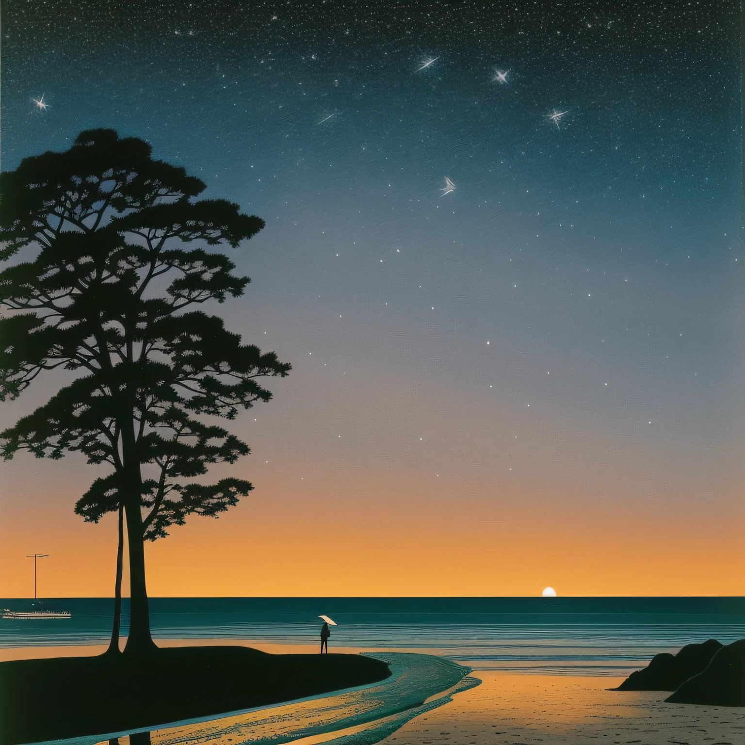 Seaside at night，palmeiras，bldrnrst，Planes，There are stars in the sky，2D，Hiroshi Nagai